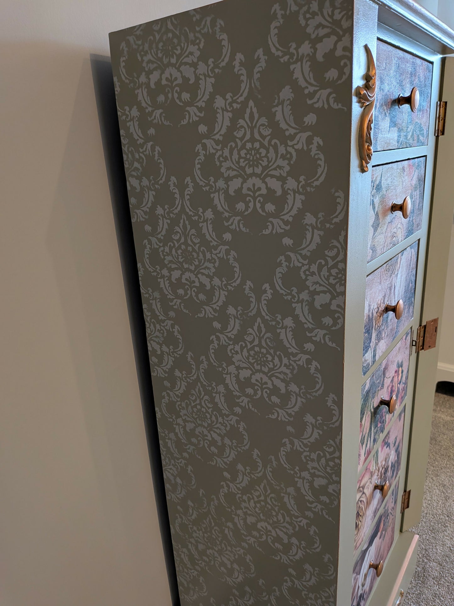 Vintage upcycled tallboy chest of drawers pale green with floral decoupage