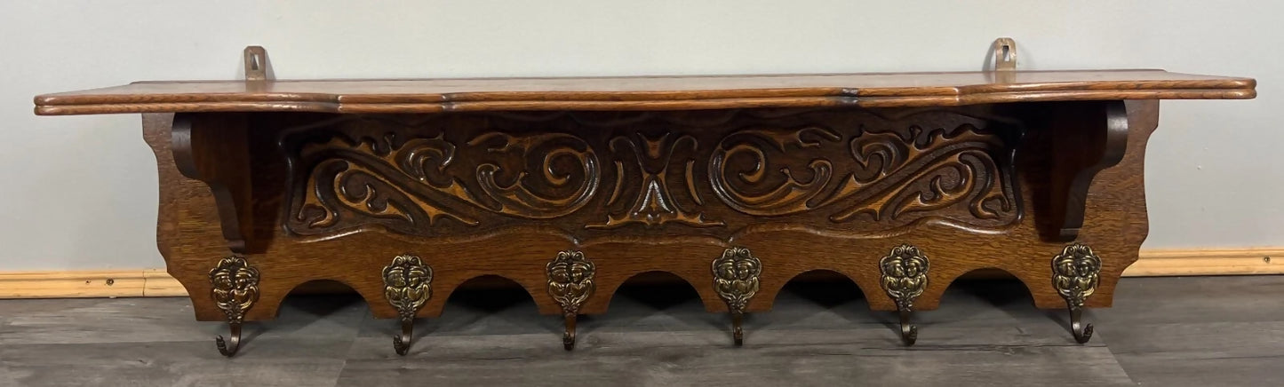 Coat Rack Antique French Style Oak Wall Shelf 6 Hooks Carved Hall Stand LOT 3511