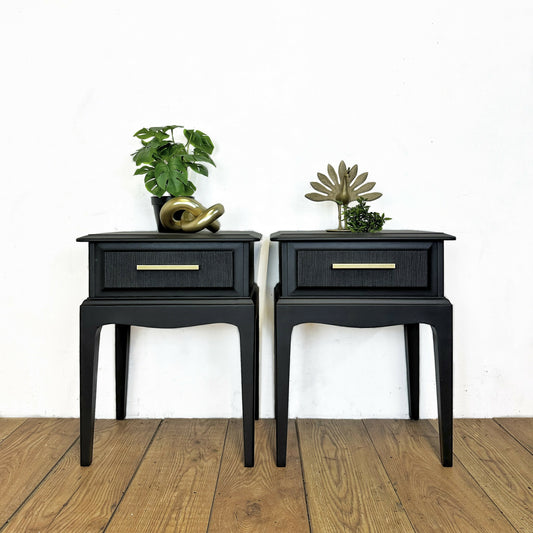 MADE TO ORDER Refinished Mid Century Stag Minstrel bedside tables, black, vintage nightstands