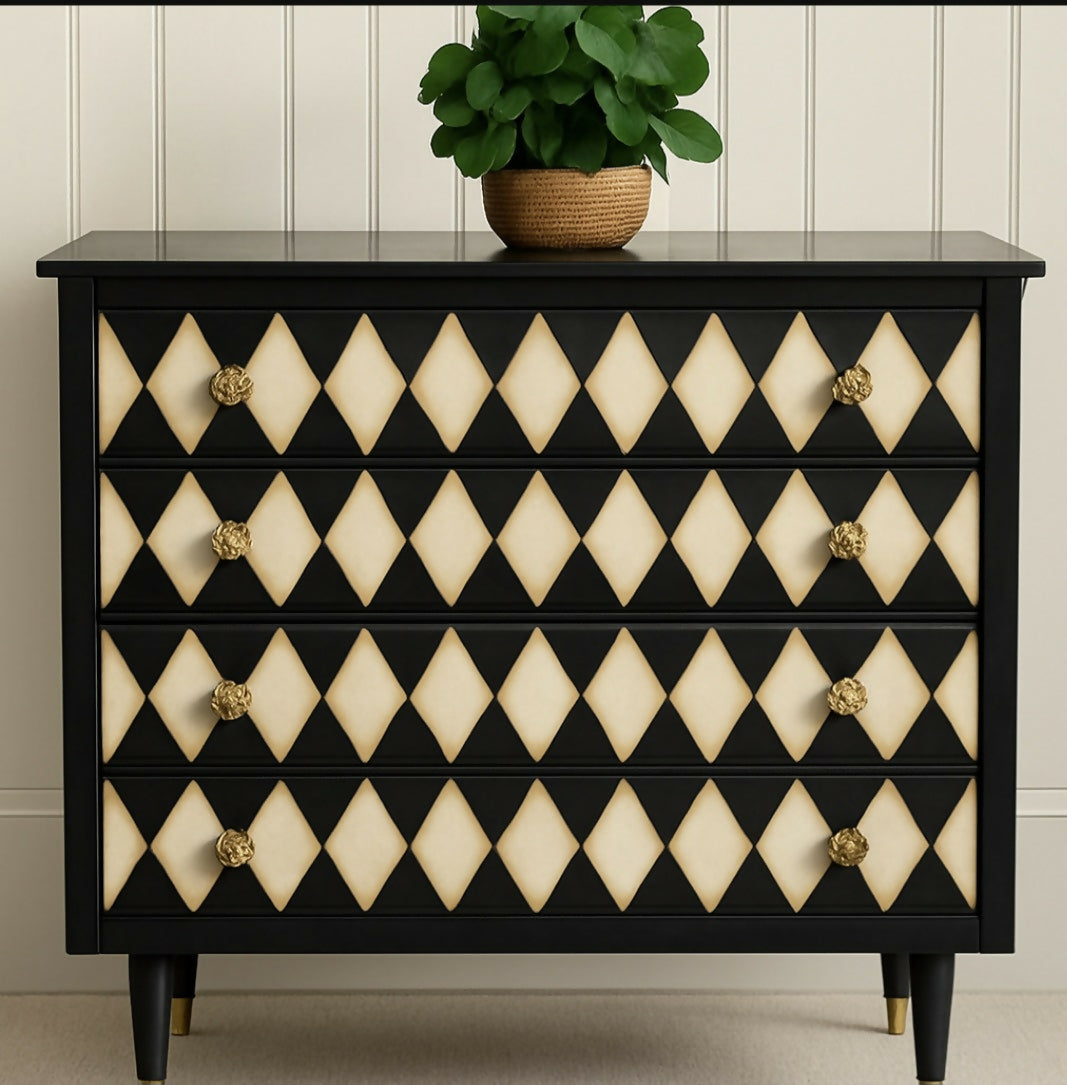 SOLD - Hand Painted Vintage Mid-Century Chest of Drawers Dresser Buffet Storage Black decoupage