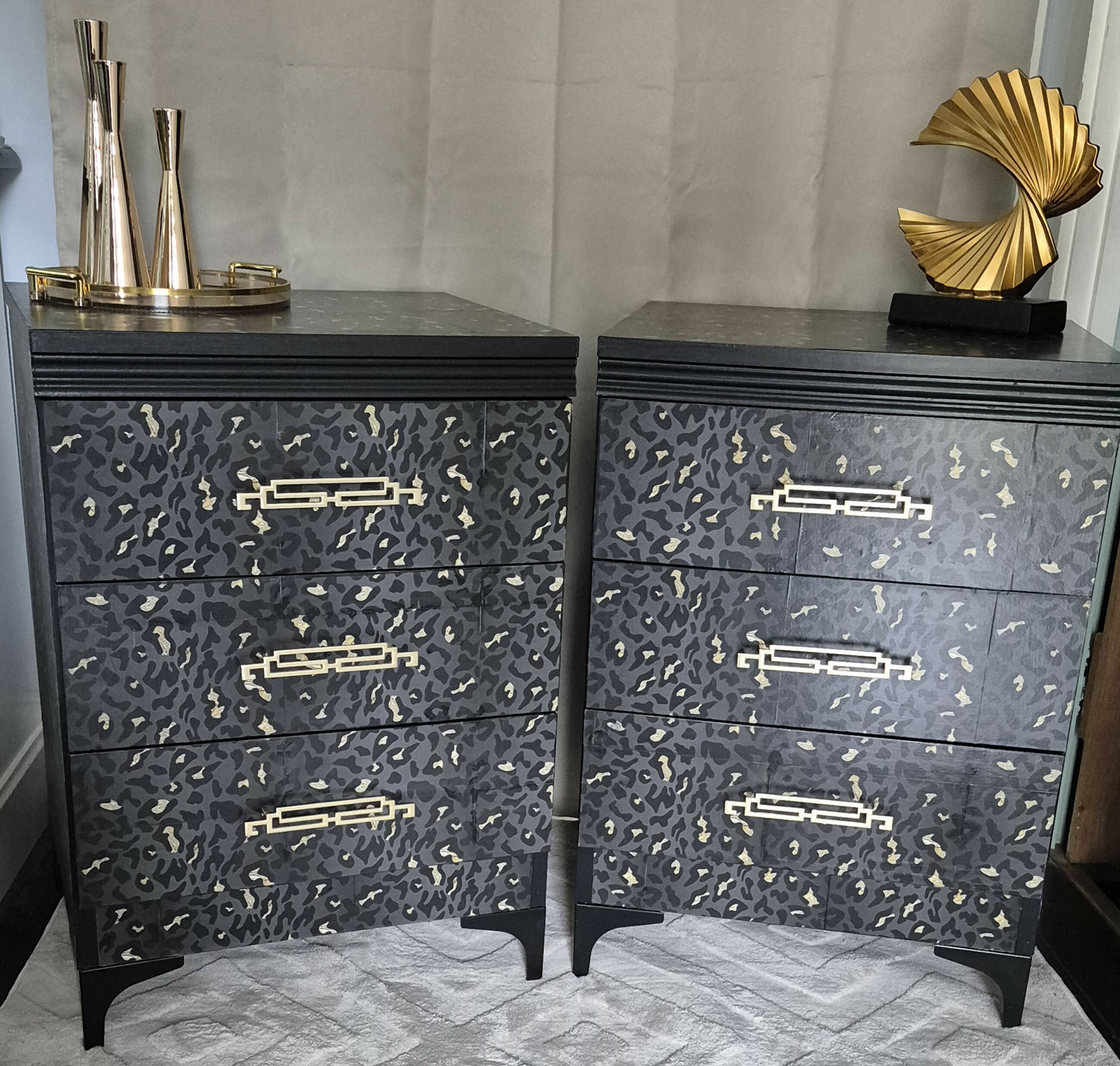 Luxe Black & Gold upcycled Leopard Print Bedside Tables | Art Deco Glam