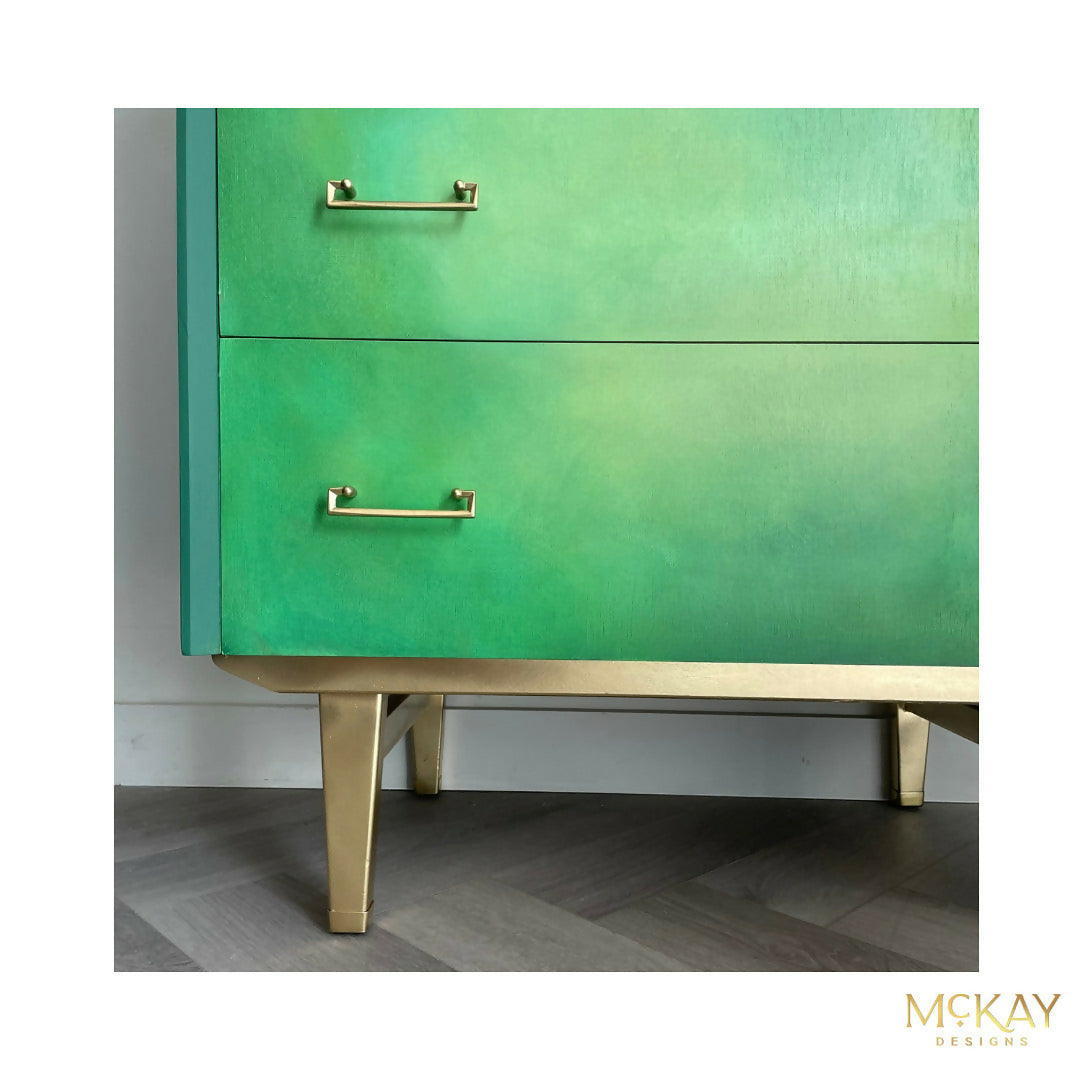 Mid Century Chest of Drawers Hand Painted Green With Gold Legs