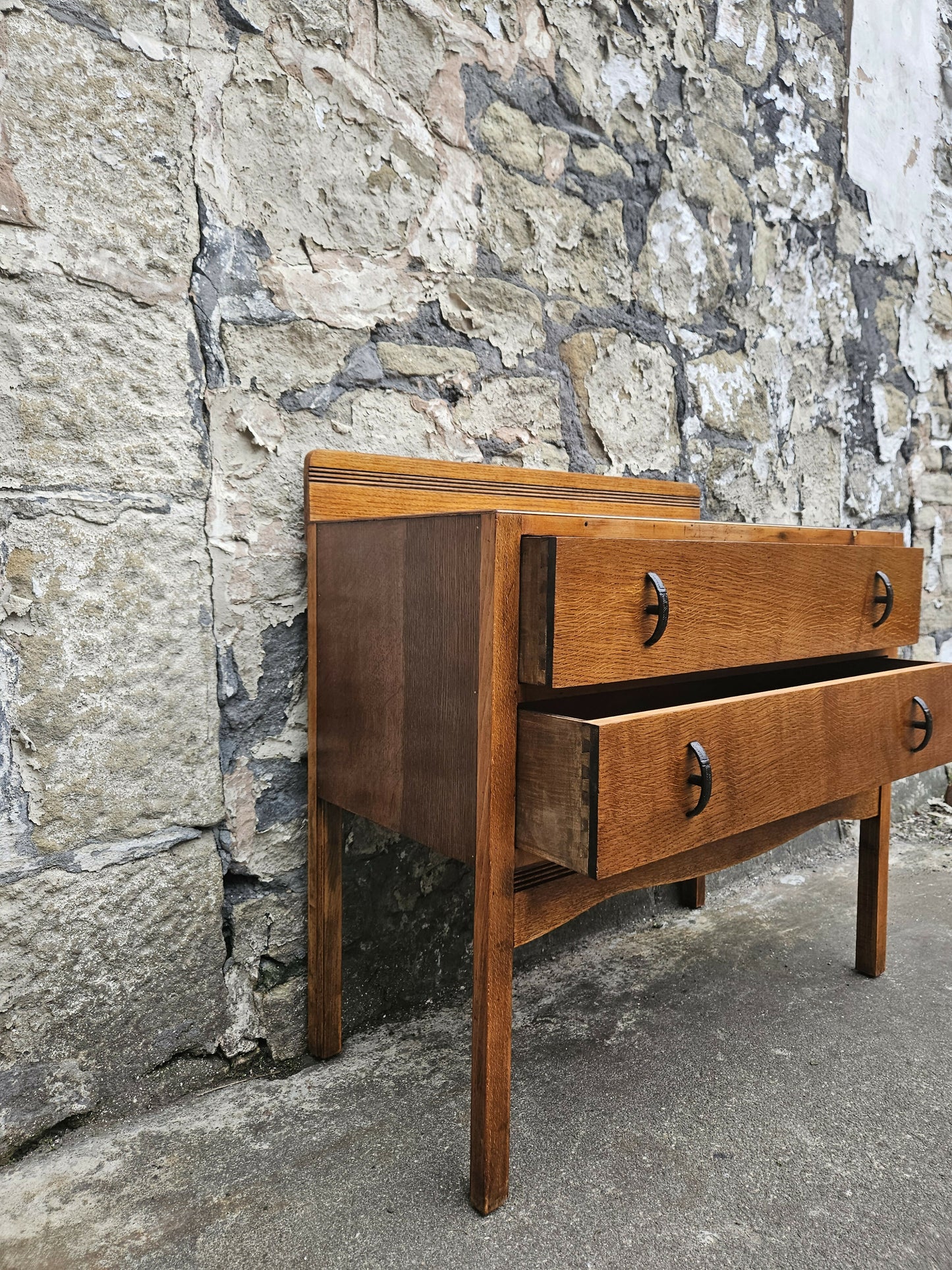 Vintage Oak Chest of Drawers: Mid-Century Modern Tallboy Cabinet Two Drawer