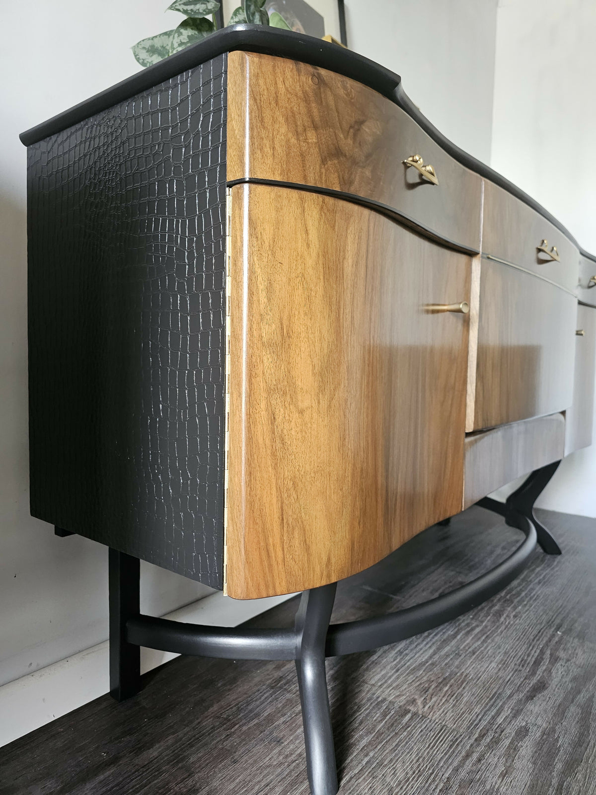 Mid Century Modern Sideboard, Dark Wood and Black Drinks Cabinet, Gold Interior, Original Handles, Crocodile Pattern TV Stand