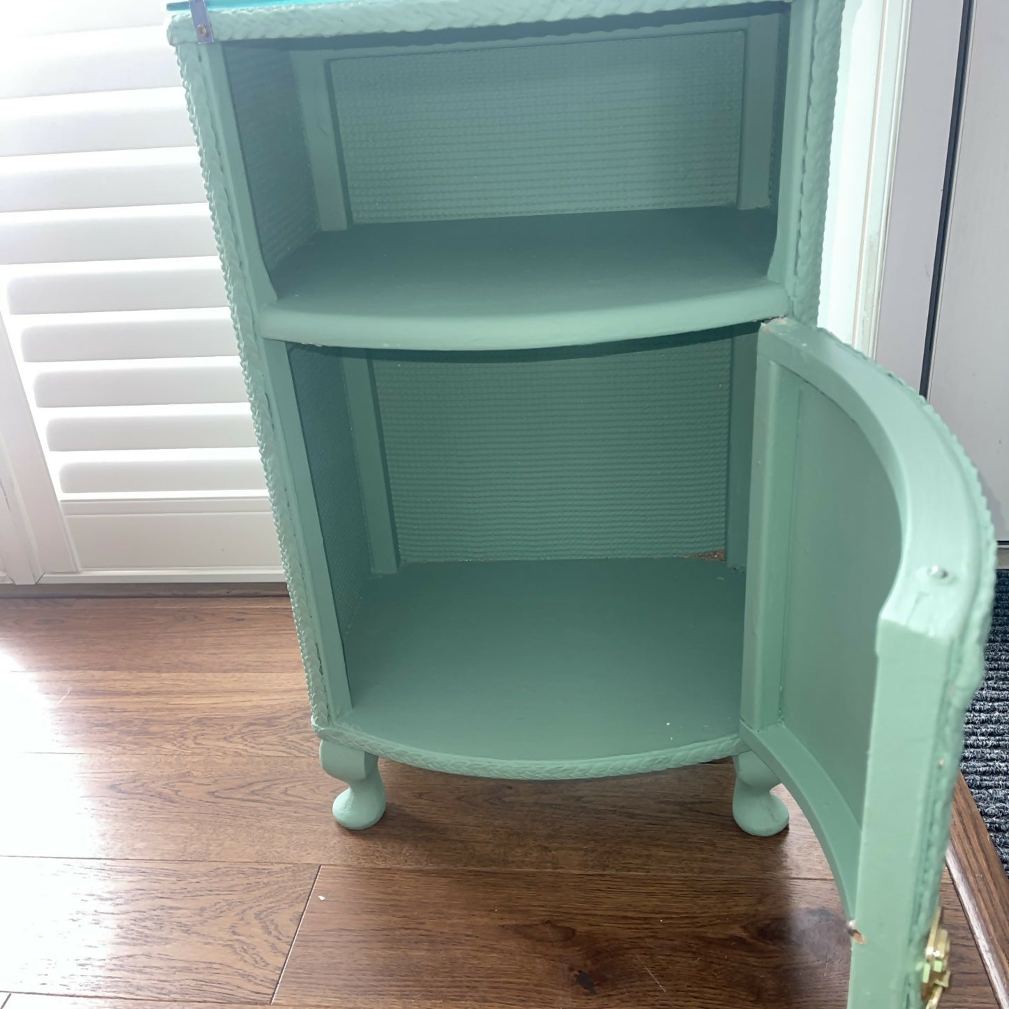 Occasional or bedside table. Green paint. Glass top.