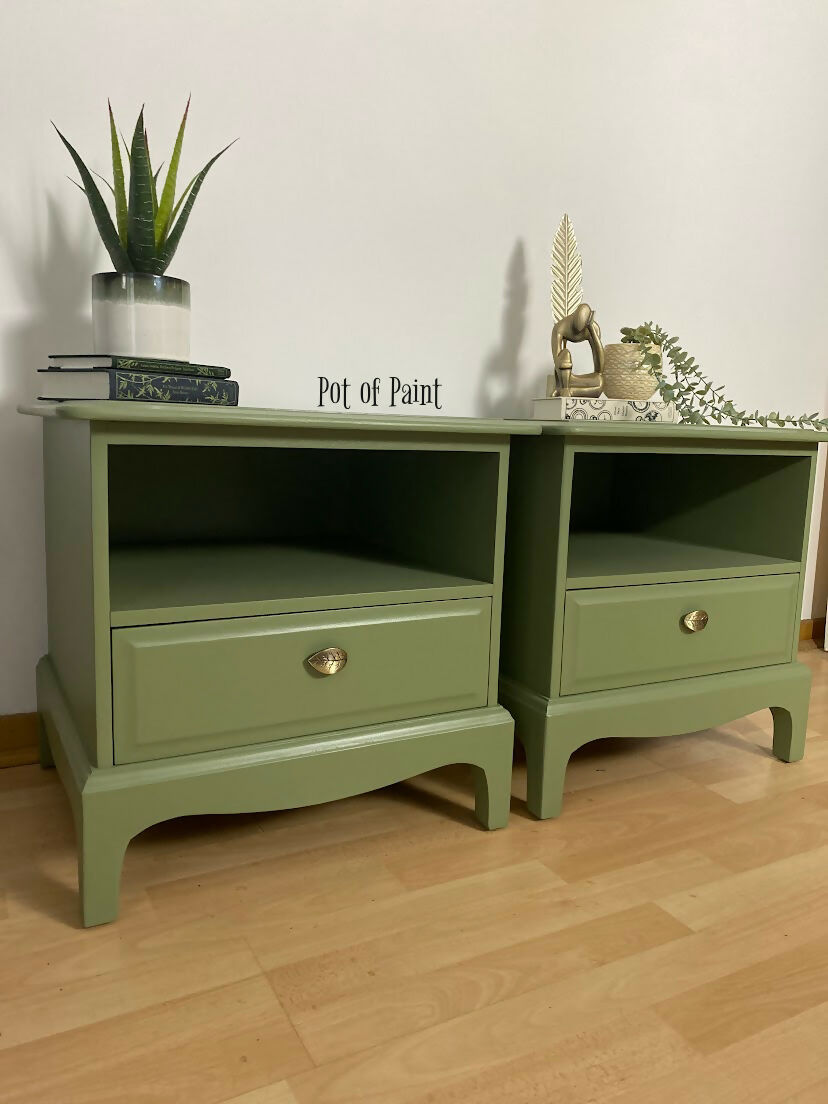 Pair of Stag 1 drawer, Sepal Green bedsides tables