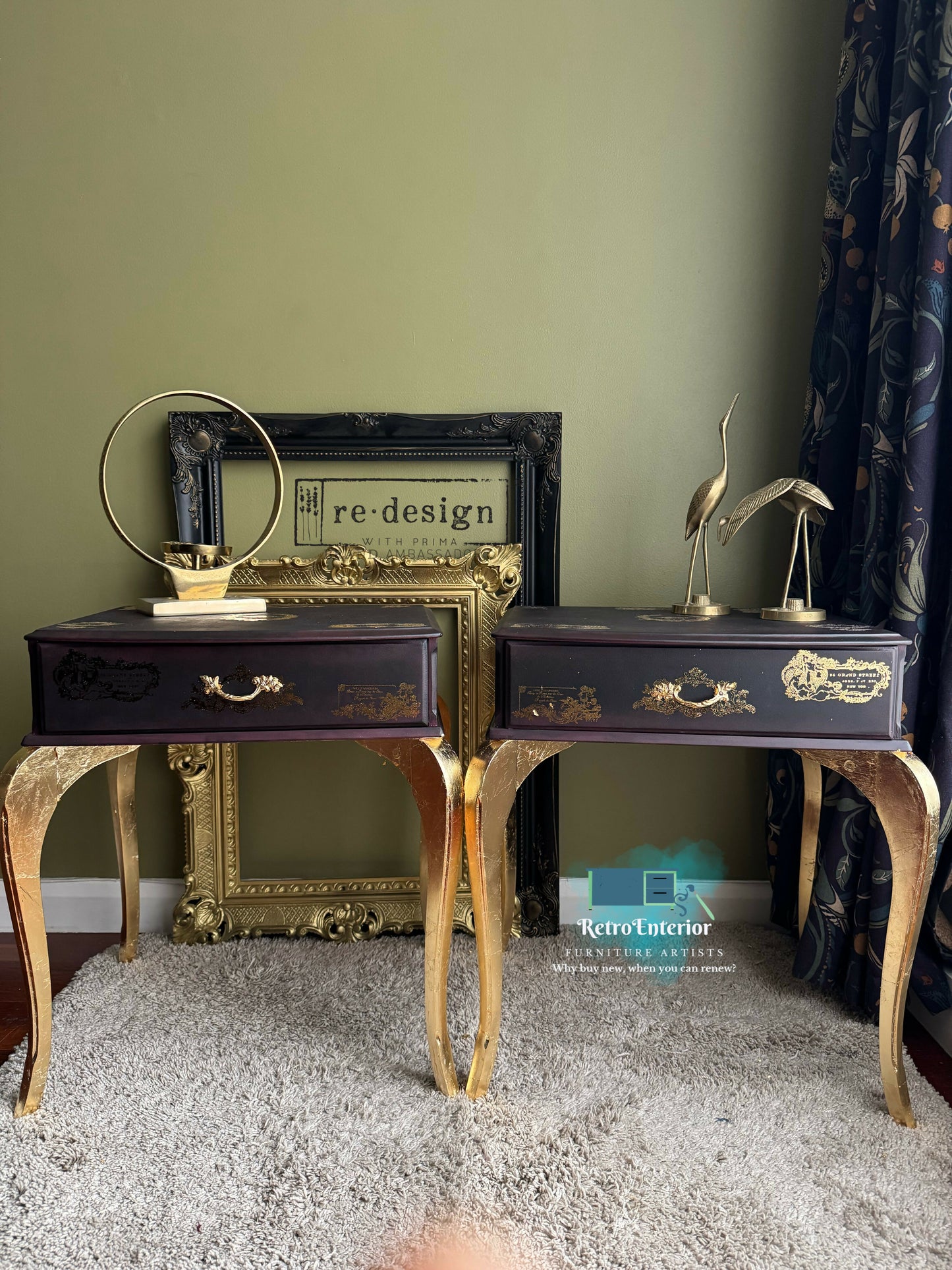 Pair of French-Inspired Vintage Bedside Tables – Deep Elderberry & Gold Elegance