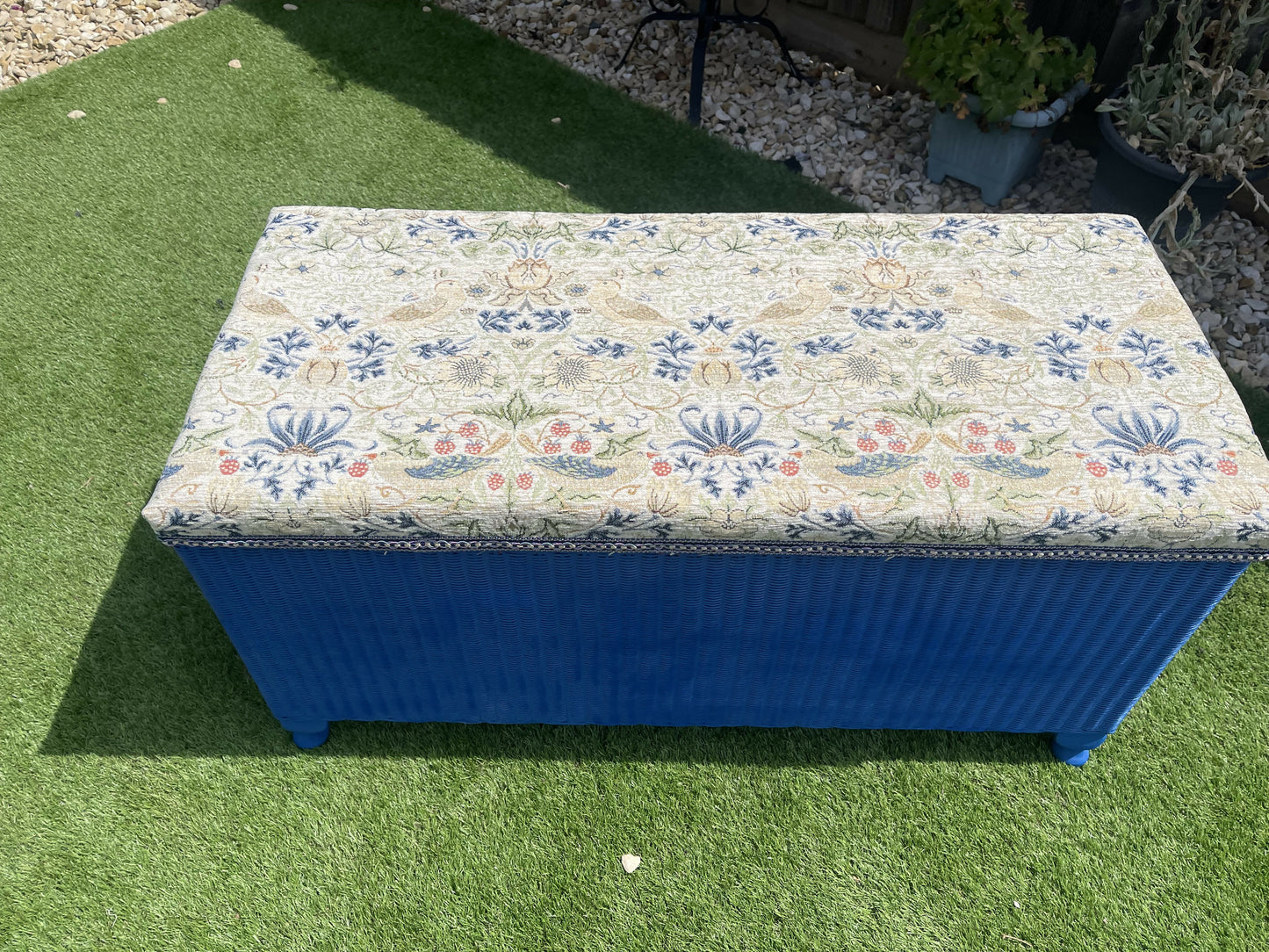 Lloyd loom 1950s storage box/ ottoman blue with William Morris style velvety feel too. Completely newly restored