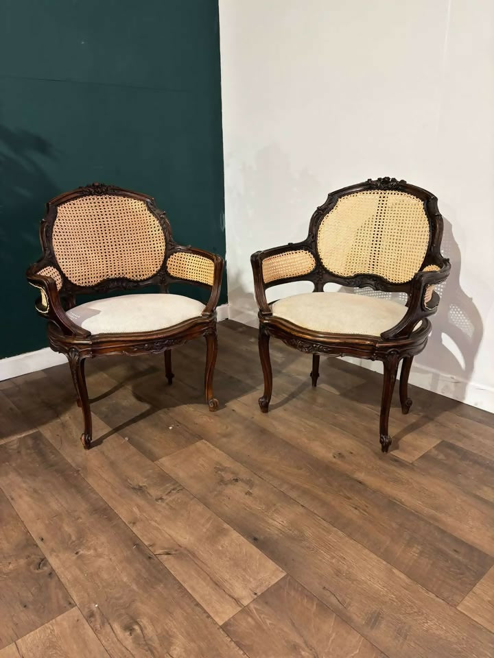 Pair Of French Louis XV Style Walnut Bergere Elbow Chairsc