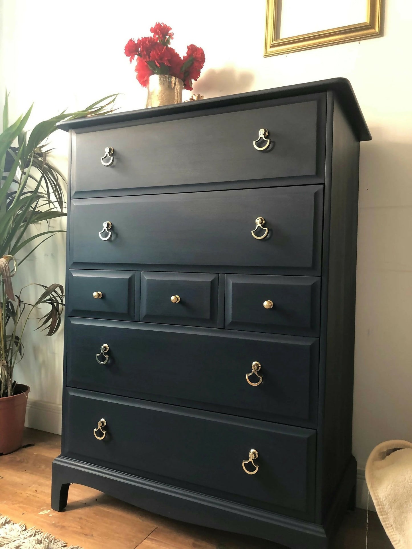 stag navy tall boy chest of drawers