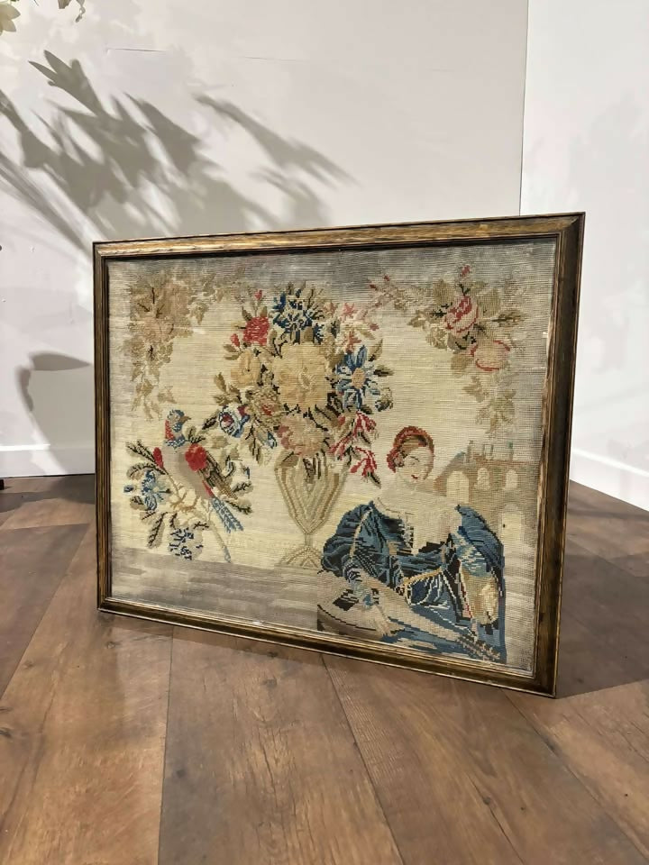 19th Century Oak Occasional Table With Tapestry Top Under Glass