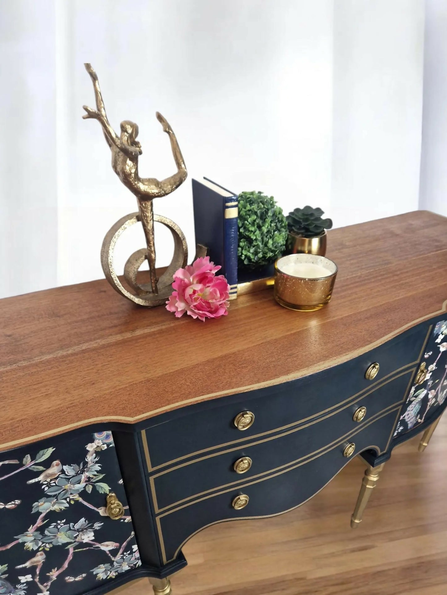 Strongbow sideboard, navy,buffet,tv stand media unit,navy furniture, decoupaged, furniture transfers, peacocks,gold,navy sideboard,statement