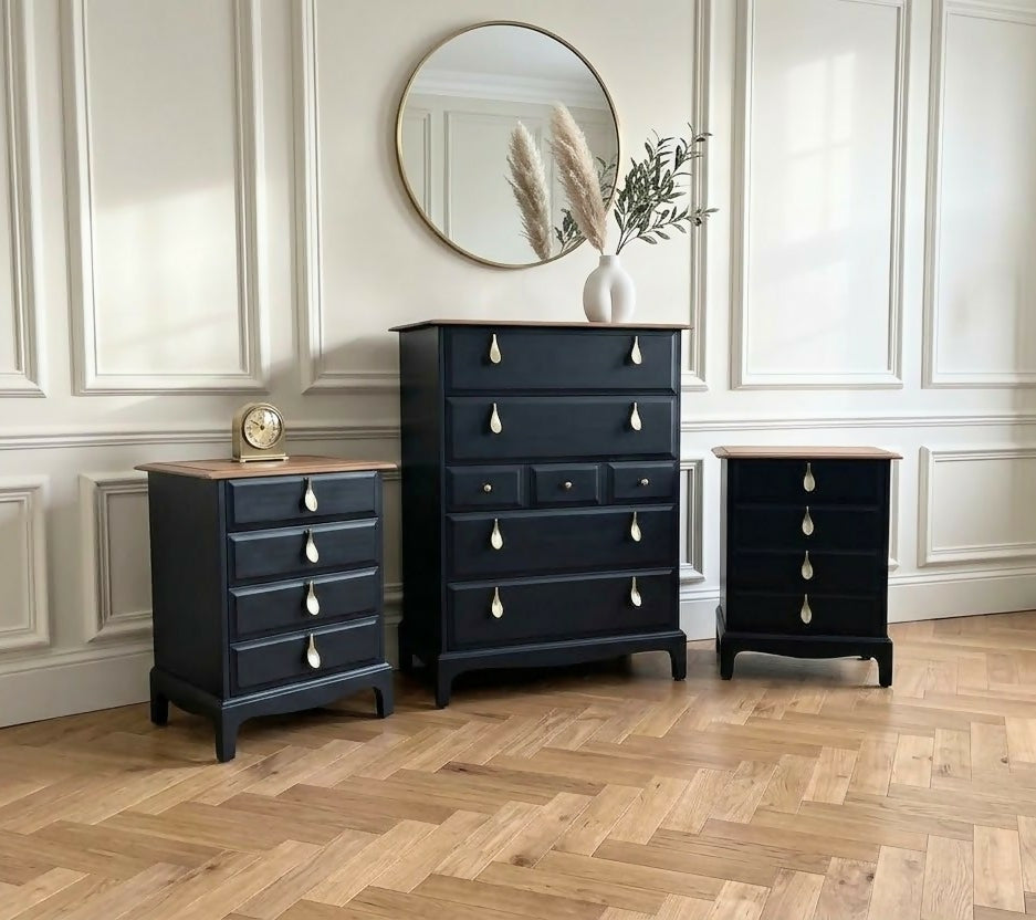 Stag minstrel black chest of drawers vintage tallboy with exposed wood top