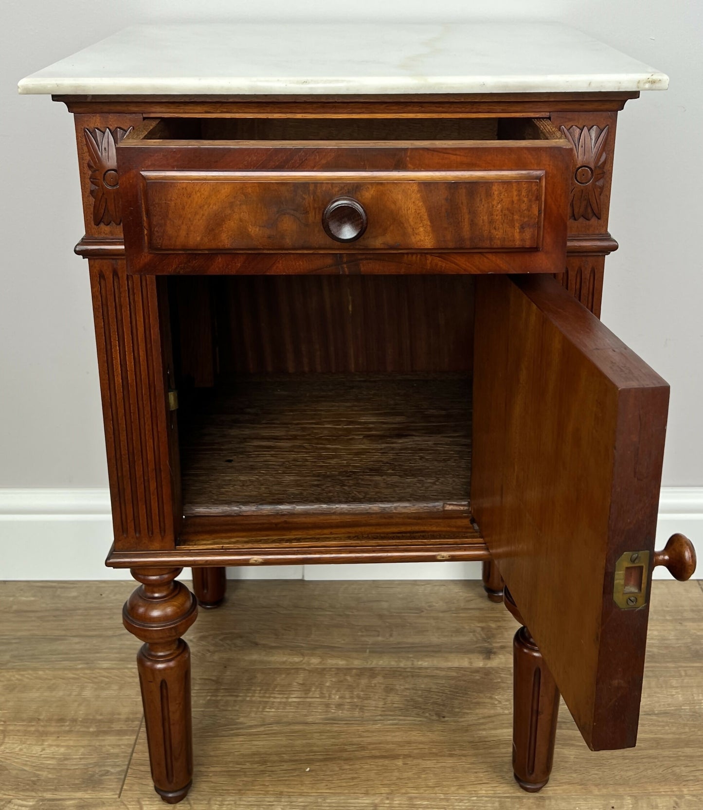 Pair of Bedside Tables Antique Walnut Marble Top Nightstands Cabinets LOT 6223