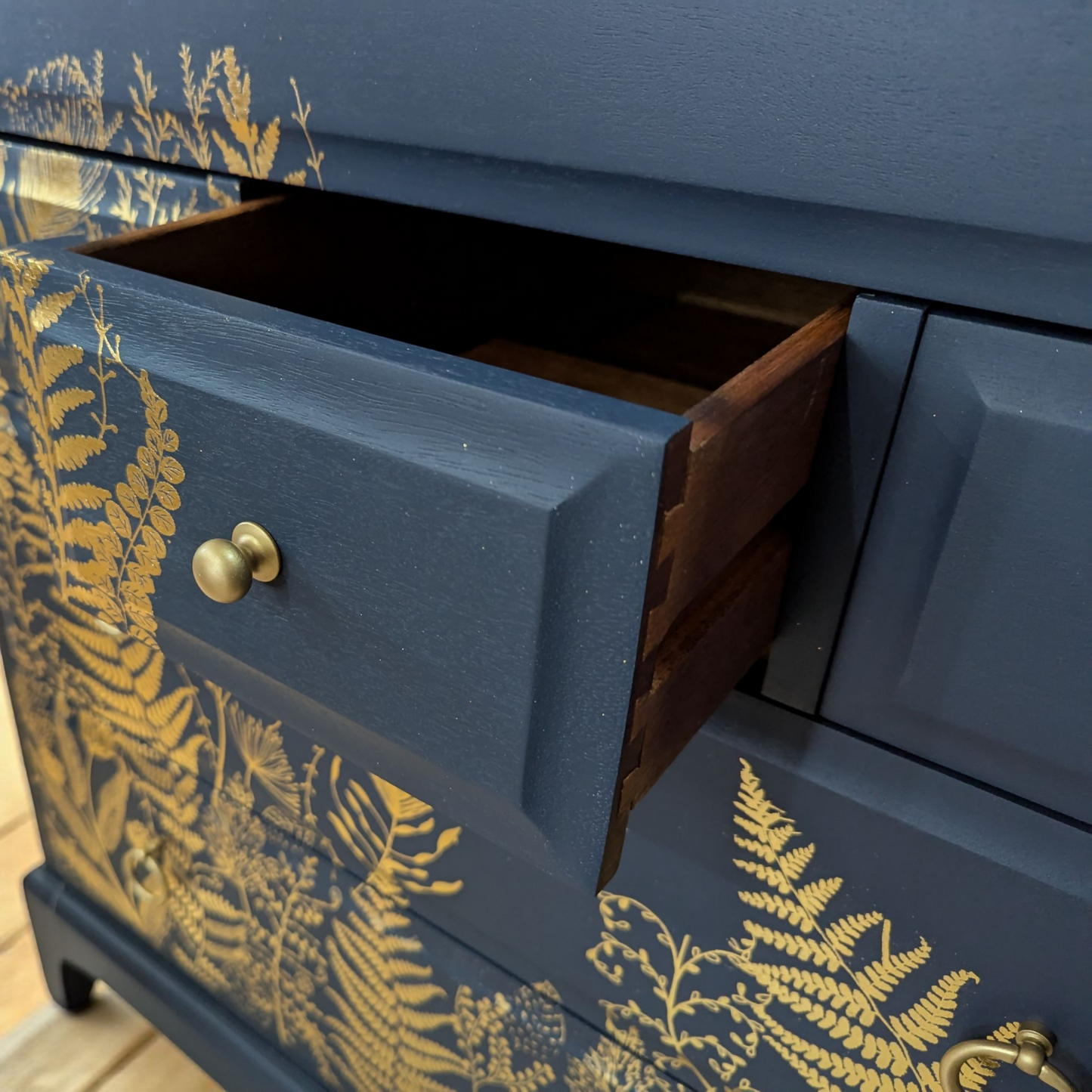 Vintage Stag minstrel 7 drawers tallboy, navy blue chest of drawers mid century modern dresser