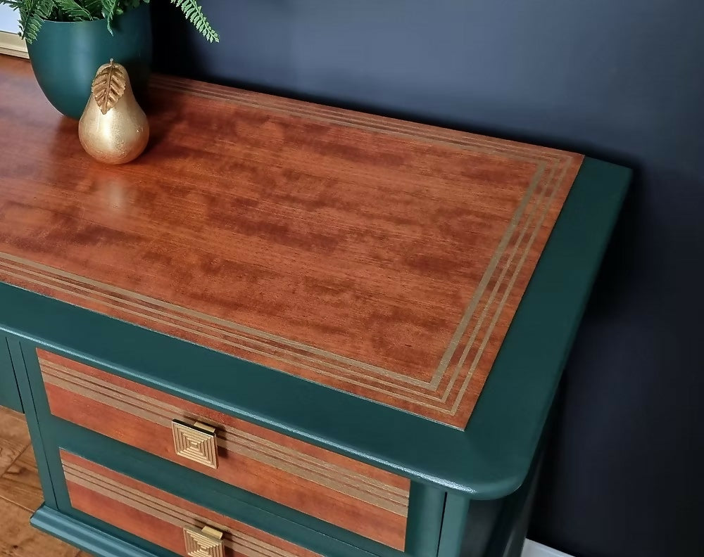 Mid Century Desk, Vintage Stag Desk, Dark Green and Gold Desk with Drawers.
