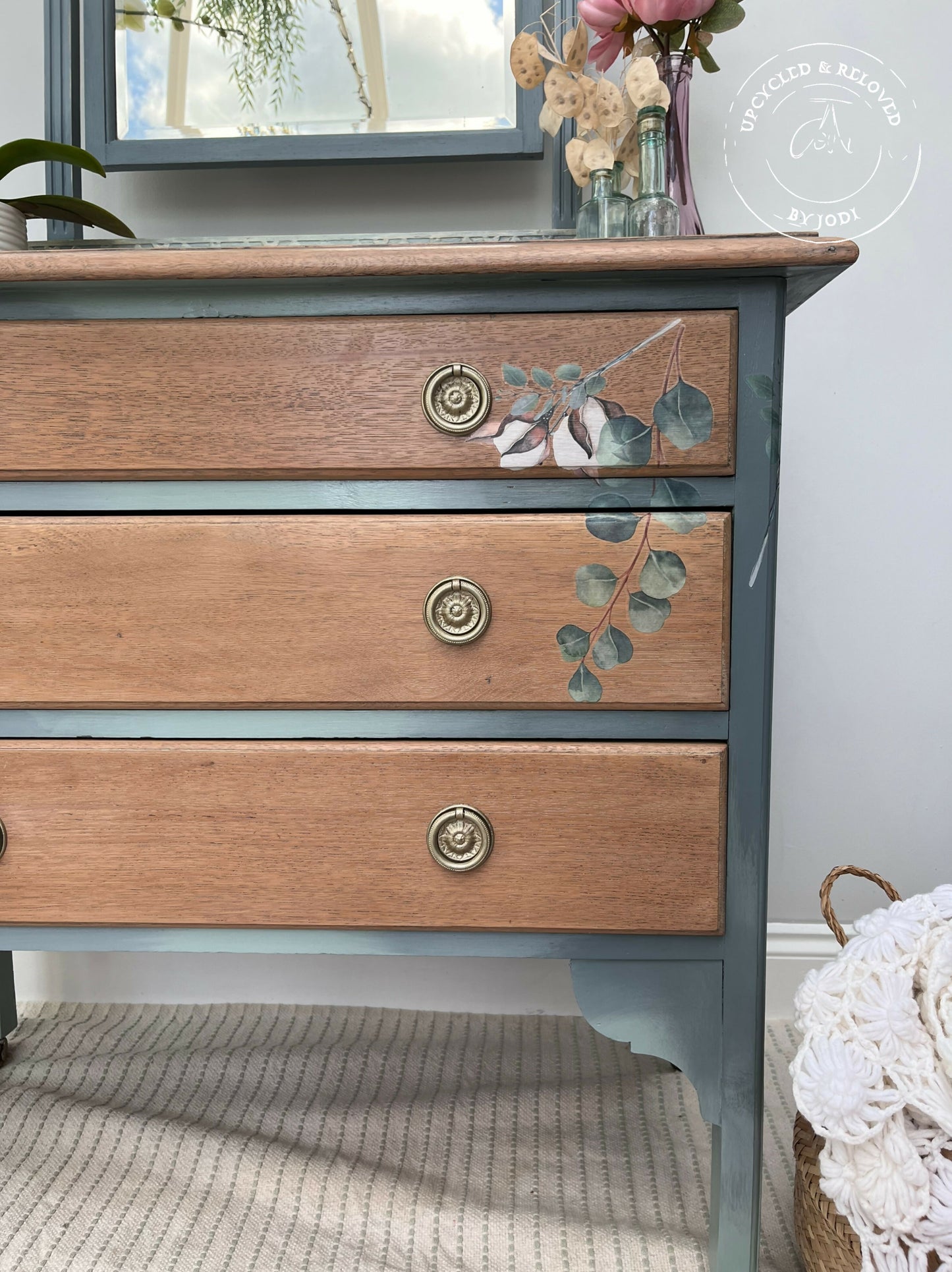 NOW SOLD! Please do not order. Vintage chest of drawers and dressing table with mirror in blue ombré