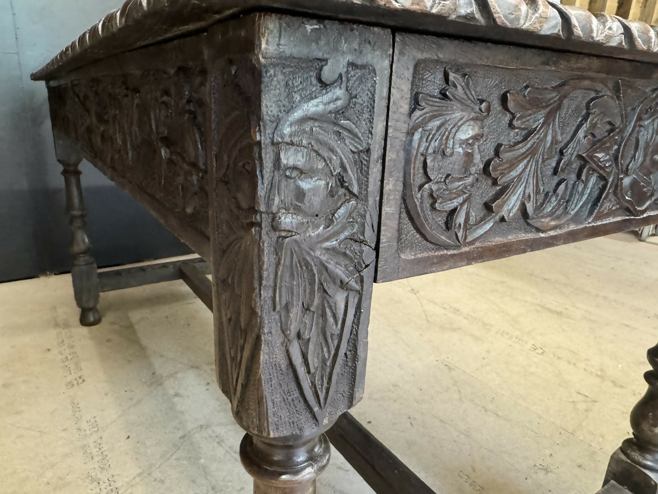19th Century Carved Oak Table having drawers