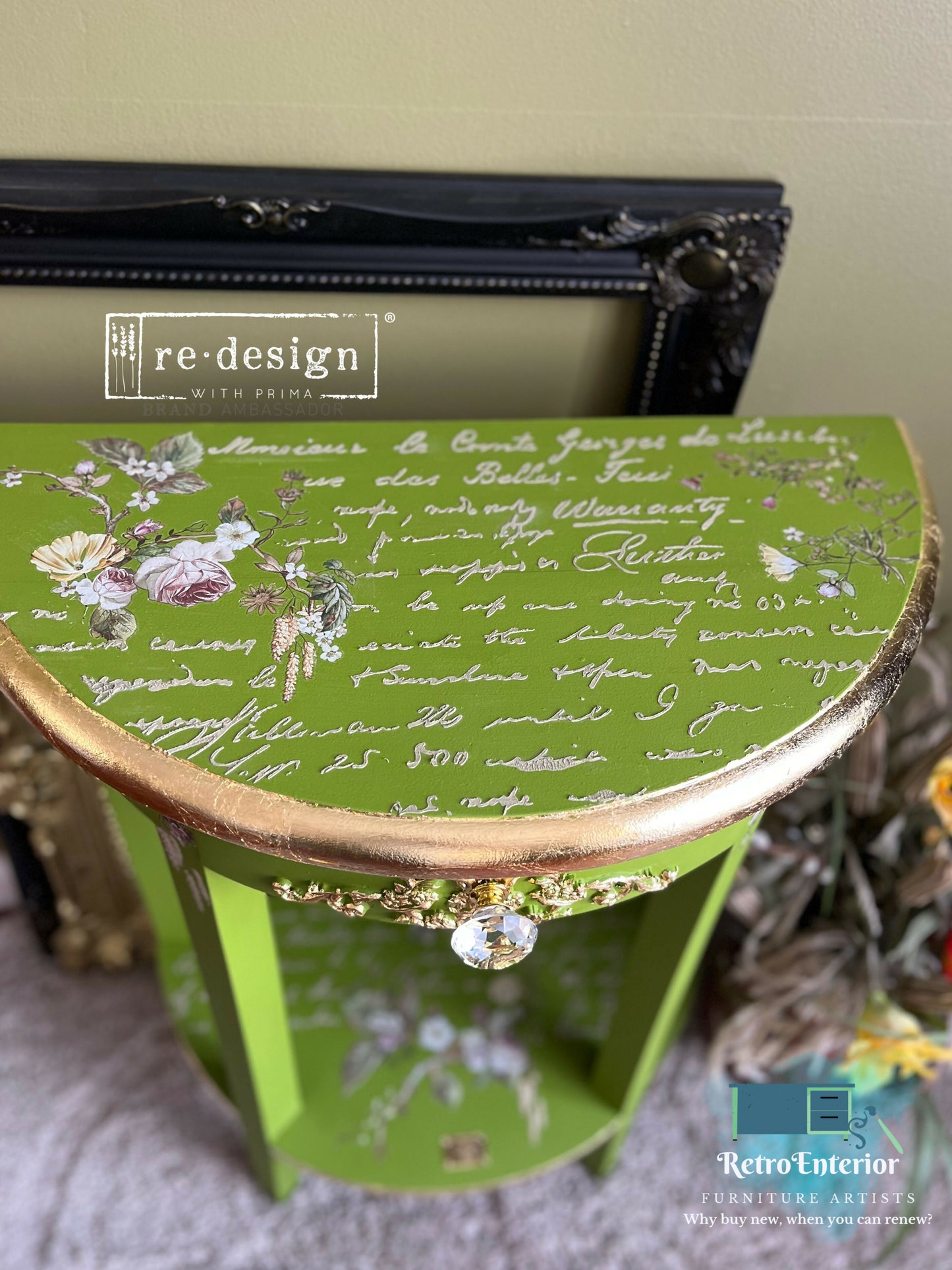 Upcycled Lime Green Console / Side Table with Raised Stencil & Gold Leaf Accents