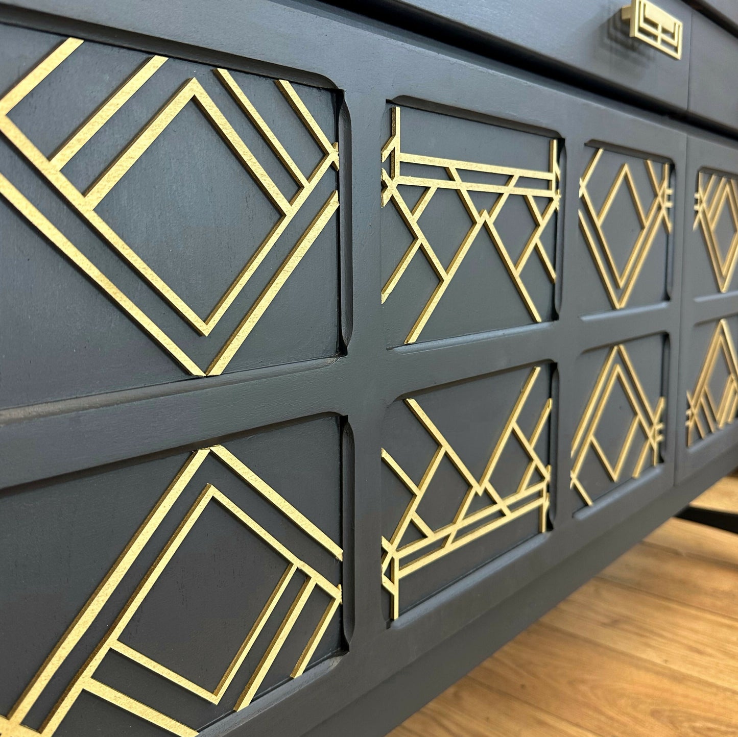 AVAILABLE NOW Large Nathan sideboard dark grey with gold art deco design, mid century drinks cabinet, cocktail cabinet, console, mid century, statement, refurbished