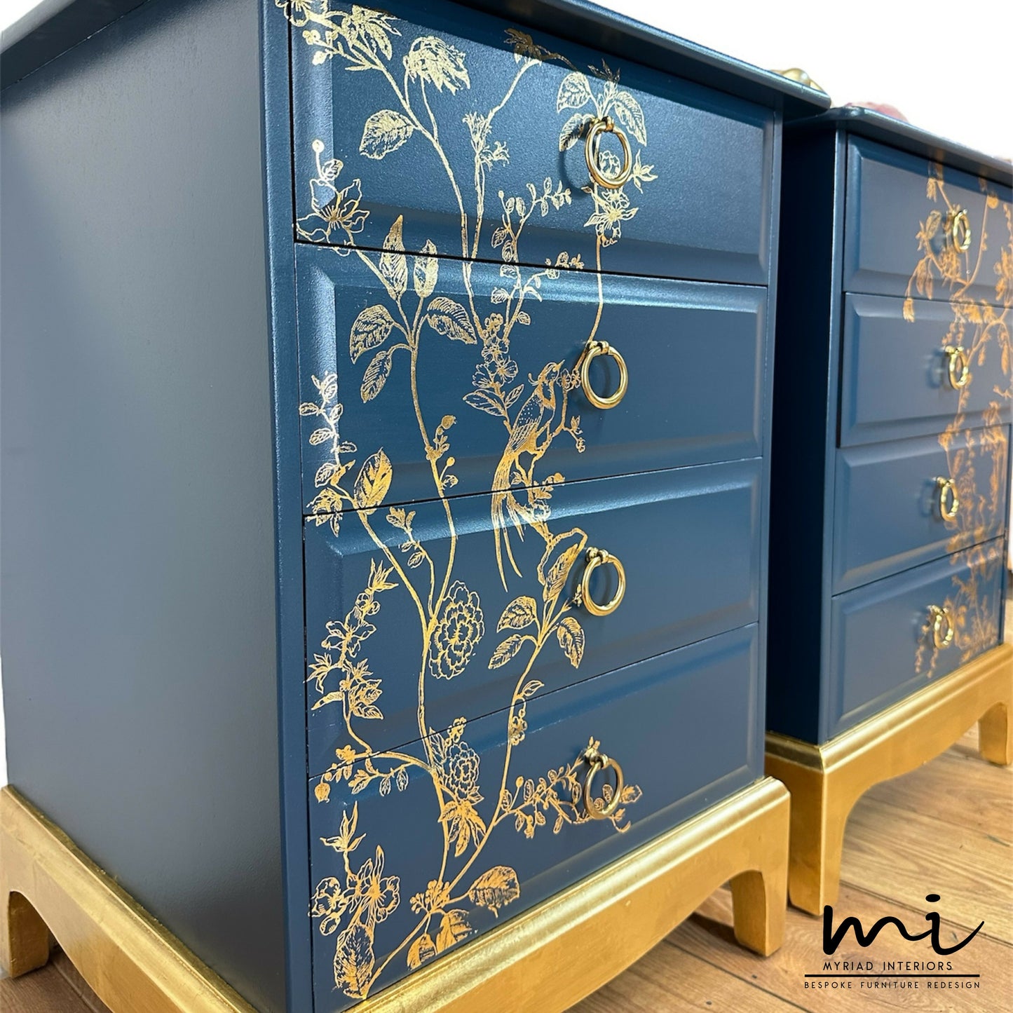 MADE TO ORDER Pretty Refurbished Stag Minstrel 4 drawer bedside tables, navy blue with gold foil design, bird song, nightstands, vintage, blossom art deco