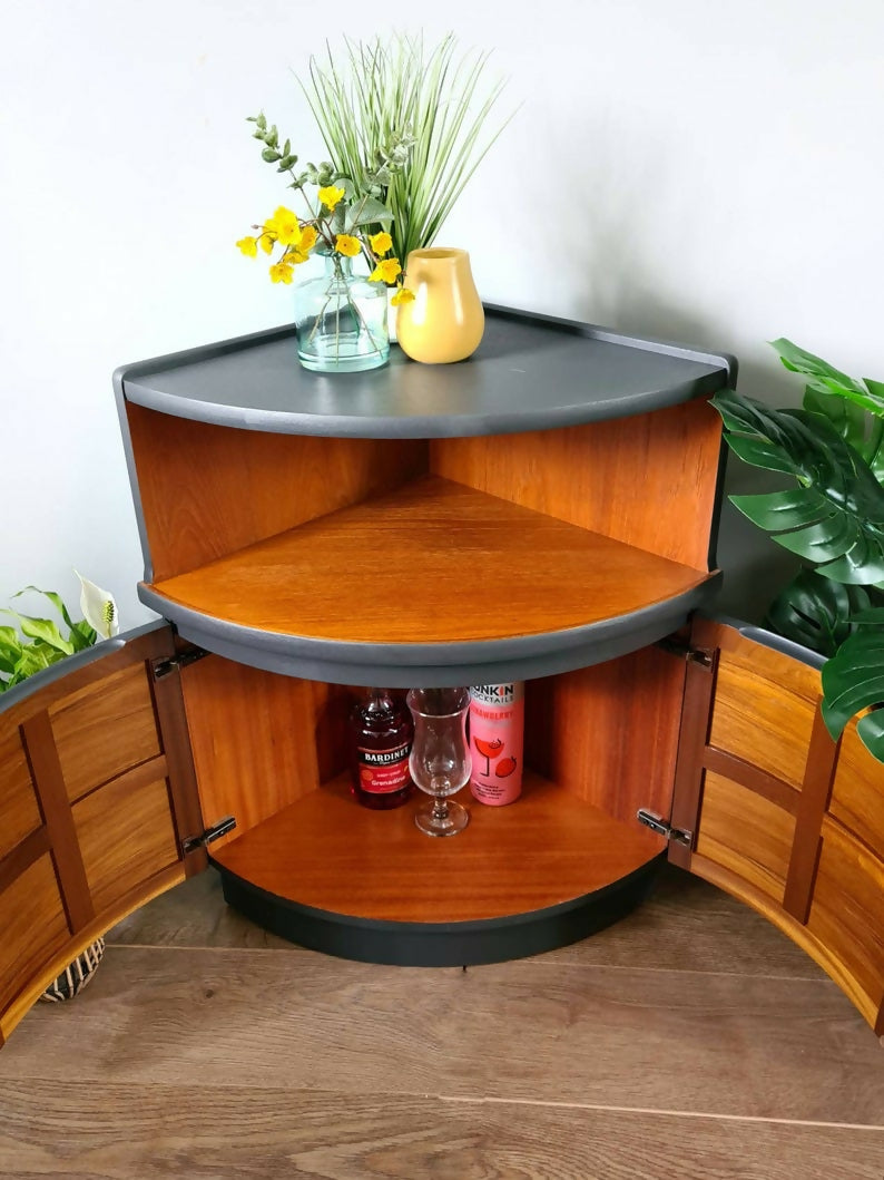 Dark Grey Mid century modern nathan drinks cabinet ,teak corner unit, gin bar,retro,vintage, teak furniture, grey,modern