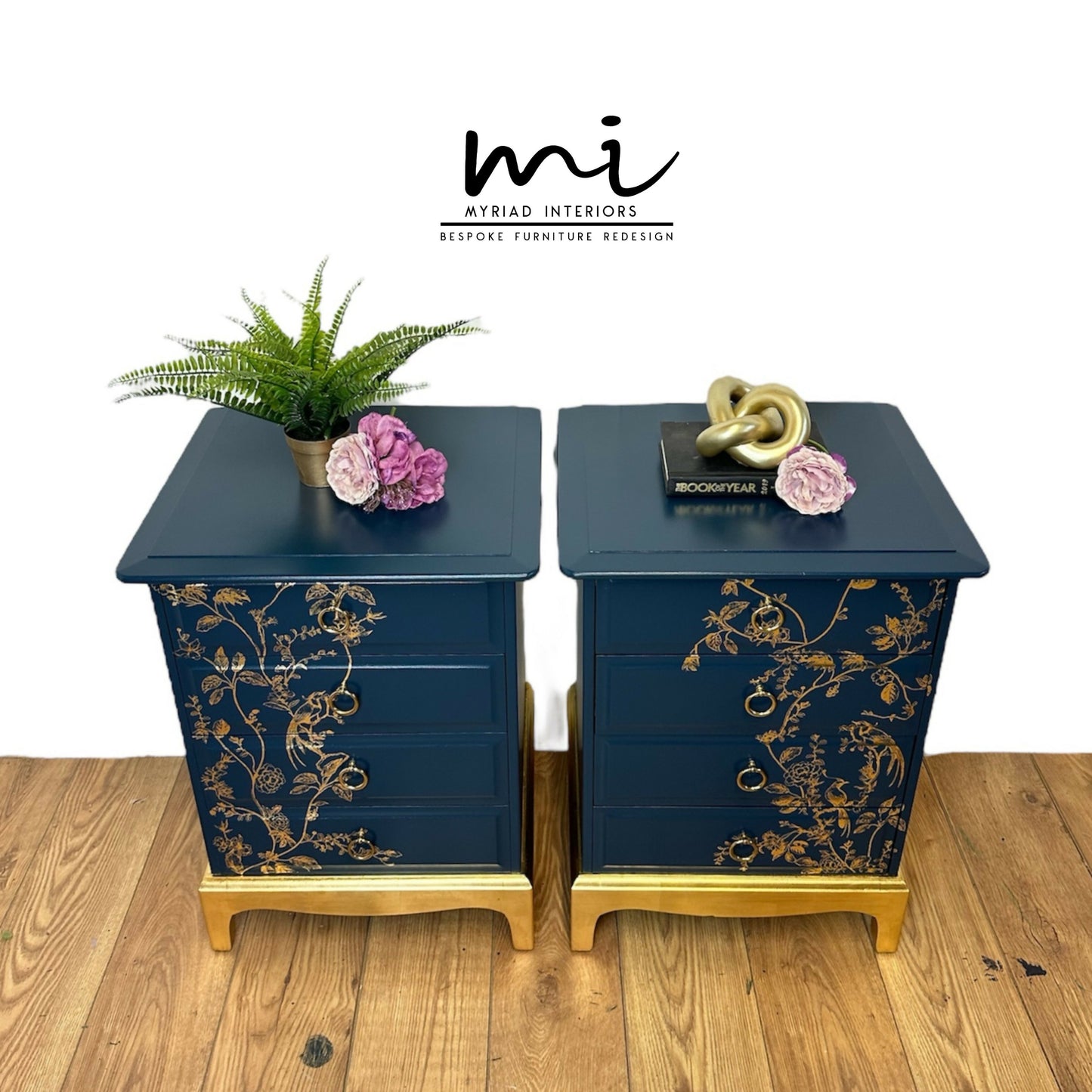 MADE TO ORDER Pretty Refurbished Stag Minstrel 4 drawer bedside tables, navy blue with gold foil design, bird song, nightstands, vintage, blossom art deco