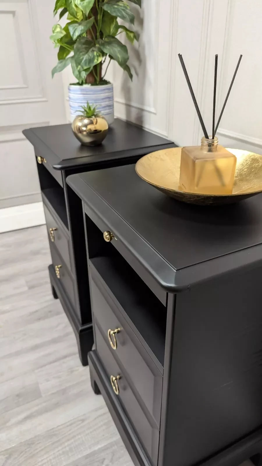 Black Stag Minstrel Pair Of 2 Drawer Narrow Bedside Tables