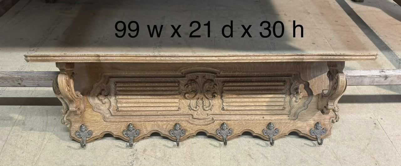 Pretty French Oak Wall Shelf / Coat Rack
