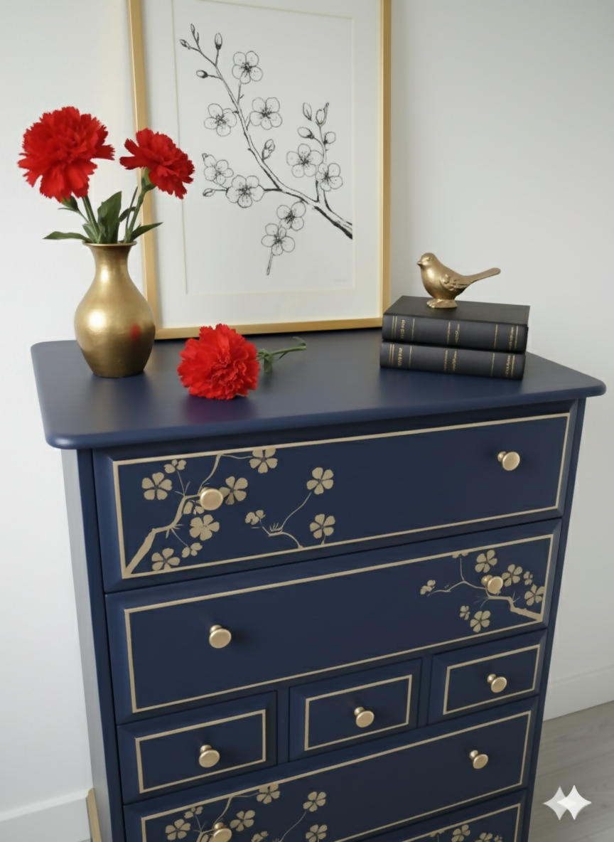 Nay and gold stag minstrel tall boy chest of drawers