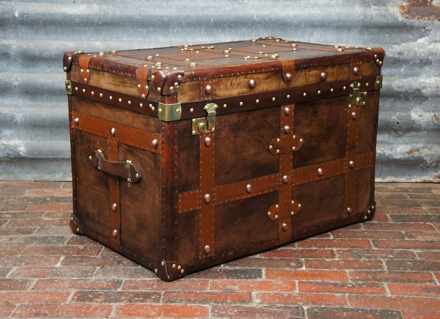 Antique Inspired English Leather Steamer Trunk Interior Coffee Table End Table