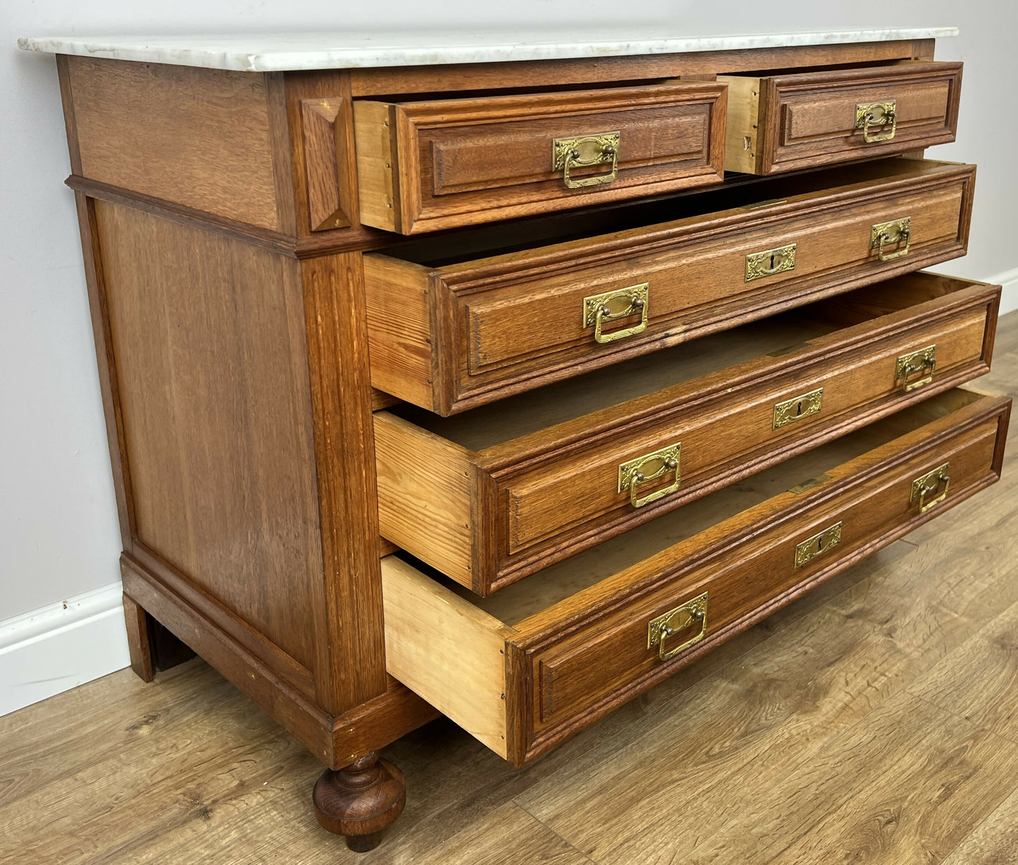 Chest of Drawers Antique French Style Oak Marble Top Carved Cabinet LOT 6448