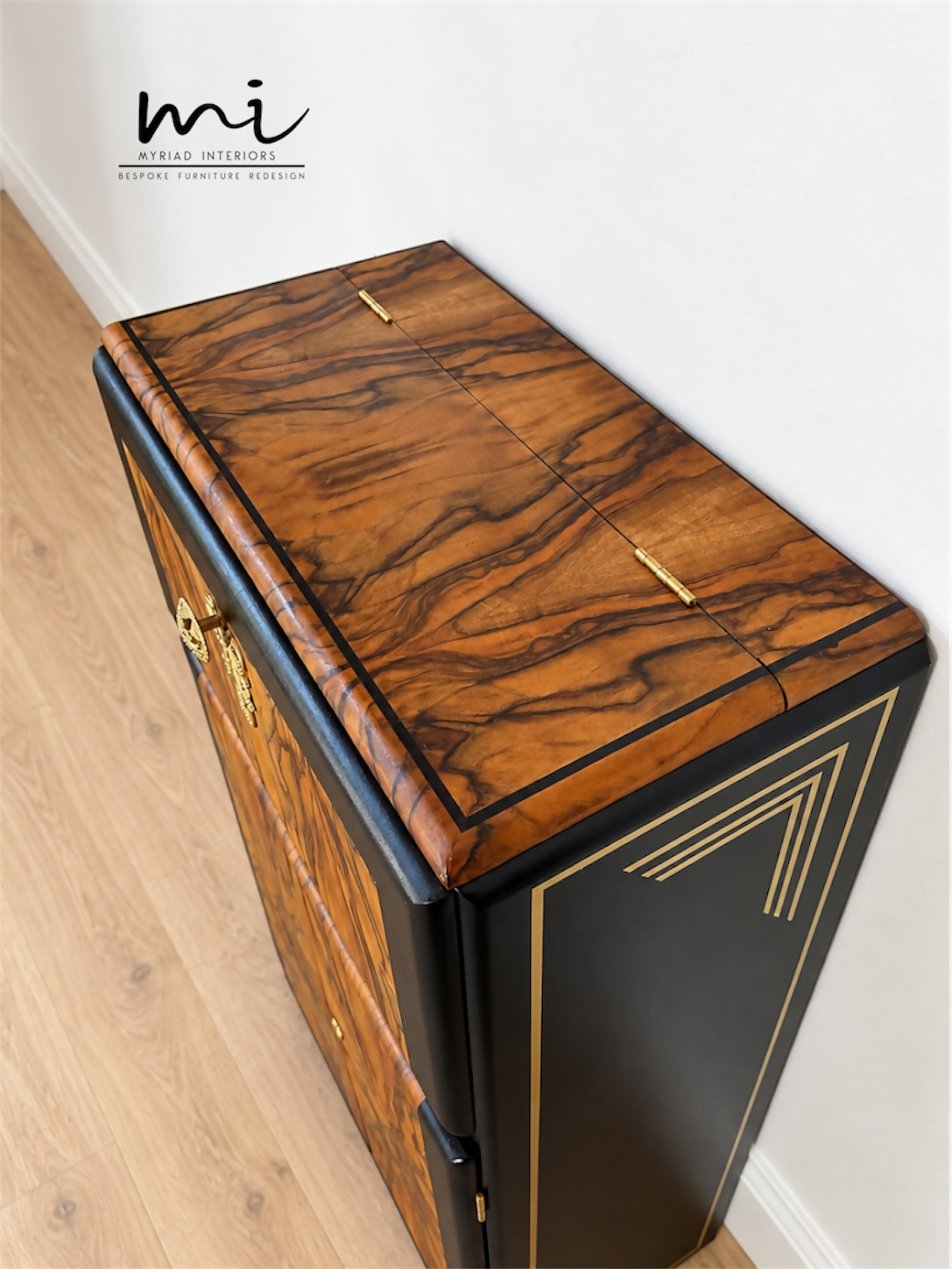Refinished Art Deco Burl Walnut Cocktail Cabinet In Black With Gold Design. 1930s drink cabinet. Gin bar. Refurbished. sideboard slim narrow