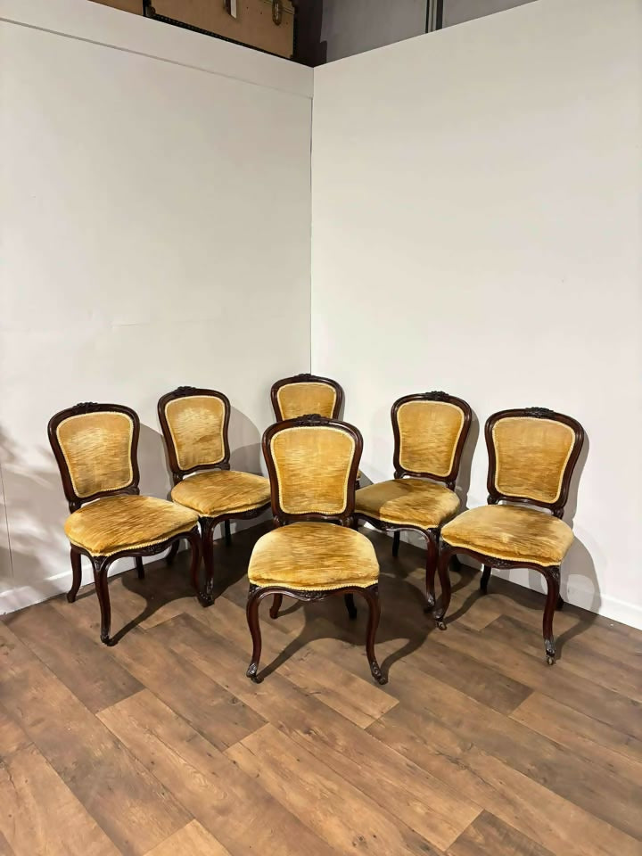 Vintage Set Of Six French Mahogany Framed Dining Chairs