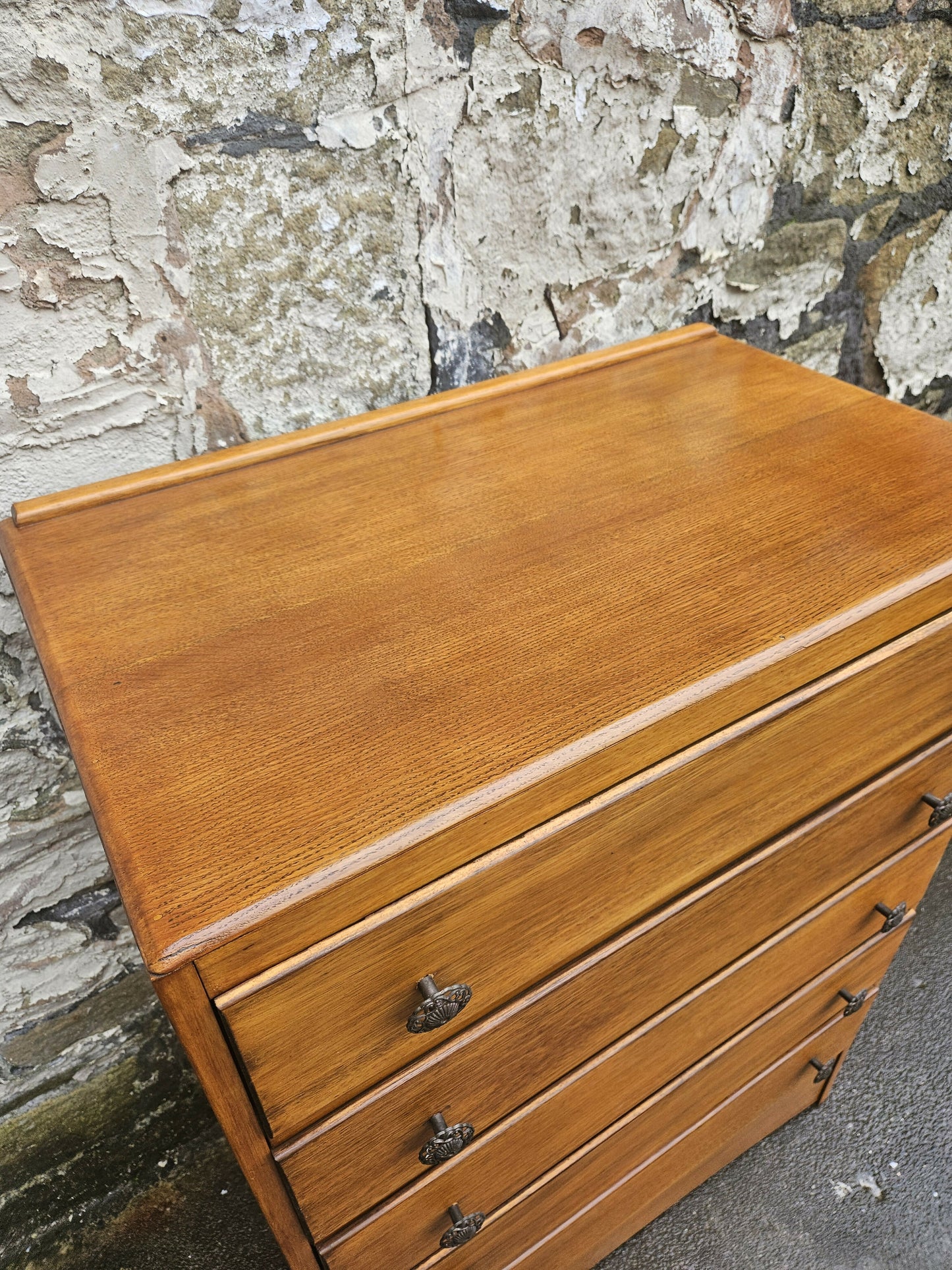 Vintage Oak Tallboy Chest of Drawers: Antique Cabinet with Detailing Five Drawer