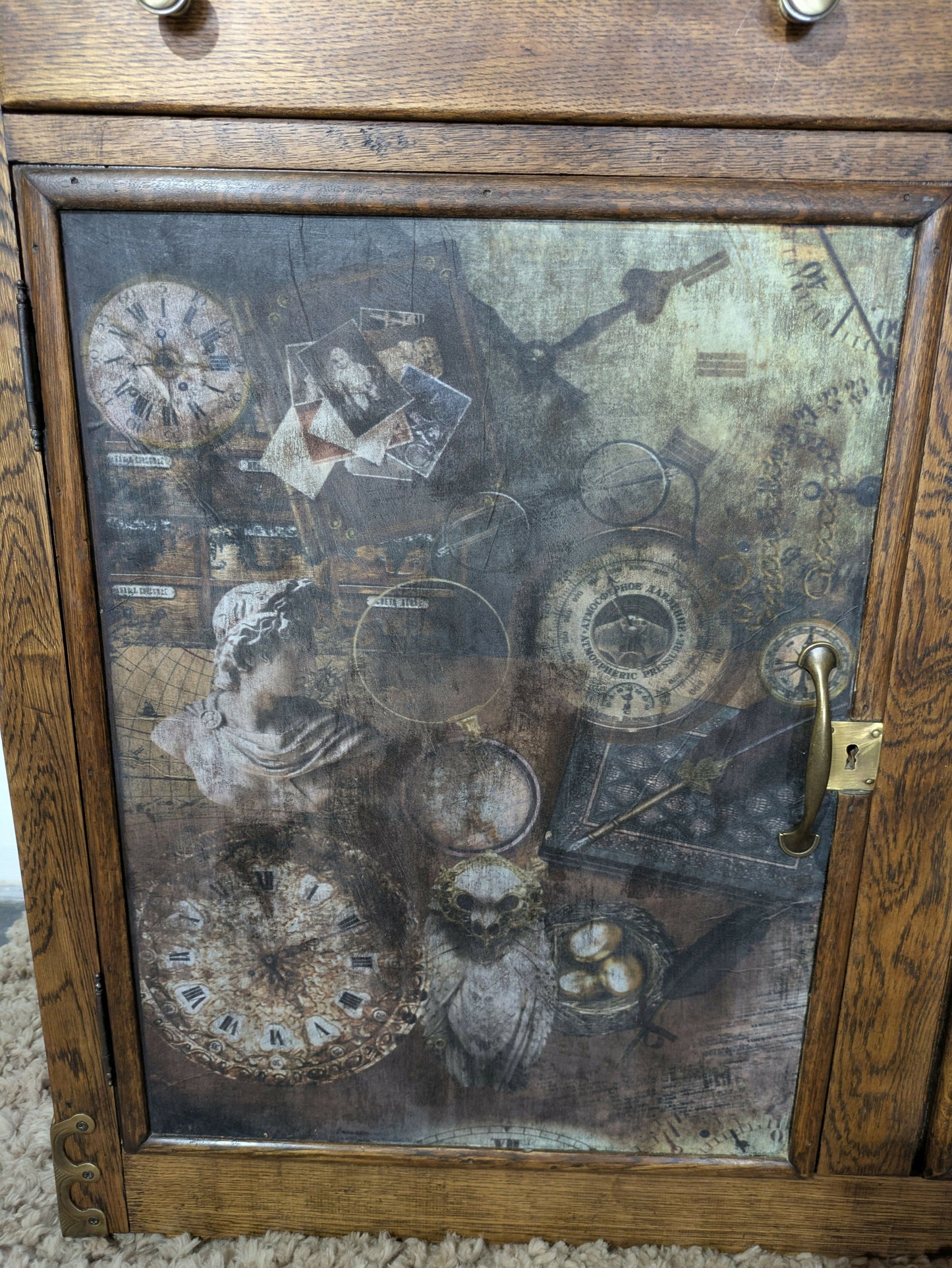 Hand-Painted Vintage Cupboard in Annie Sloan Black and Hornfleur | Decoupage Detail and Brass Hardware