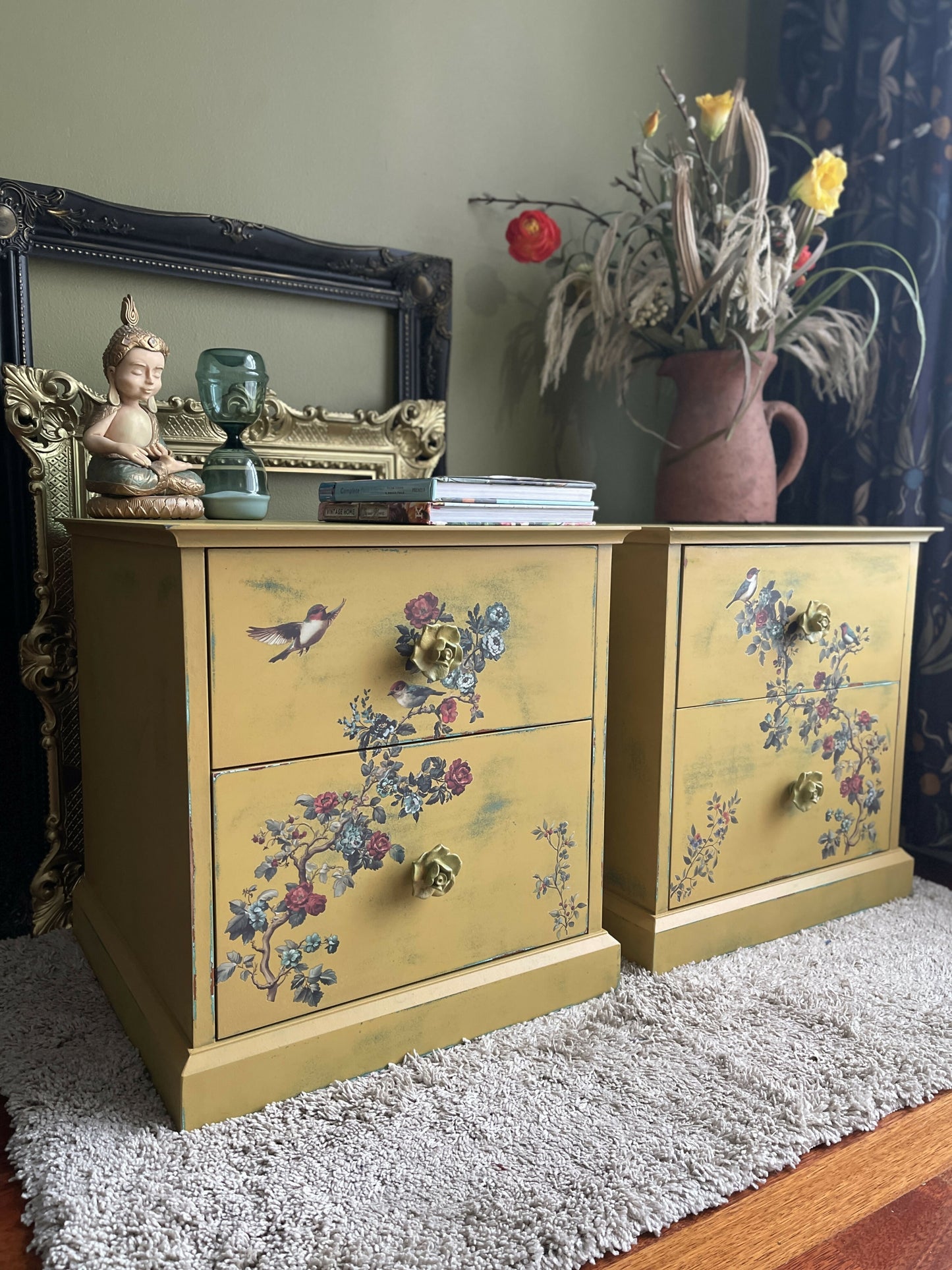Pair of Upcycled Distressed Yellow Tables with Hidden Green-Blue Undertones & Elegant Floral Bird Design