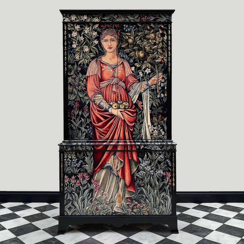 Bespoke georgin style drinks cabinet painted black restyled with william morris tapestry