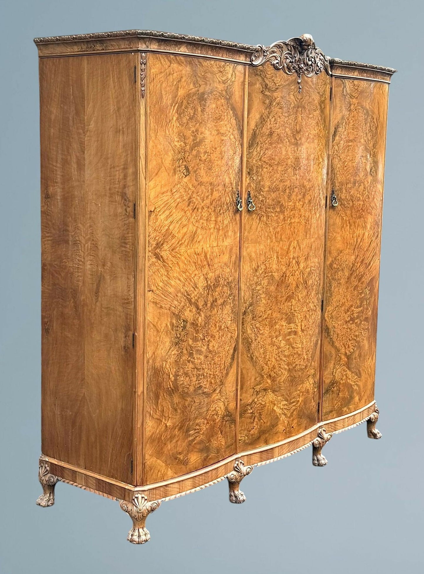 Carved Walnut and Maple Three Door Wardrobe Berick Furniture