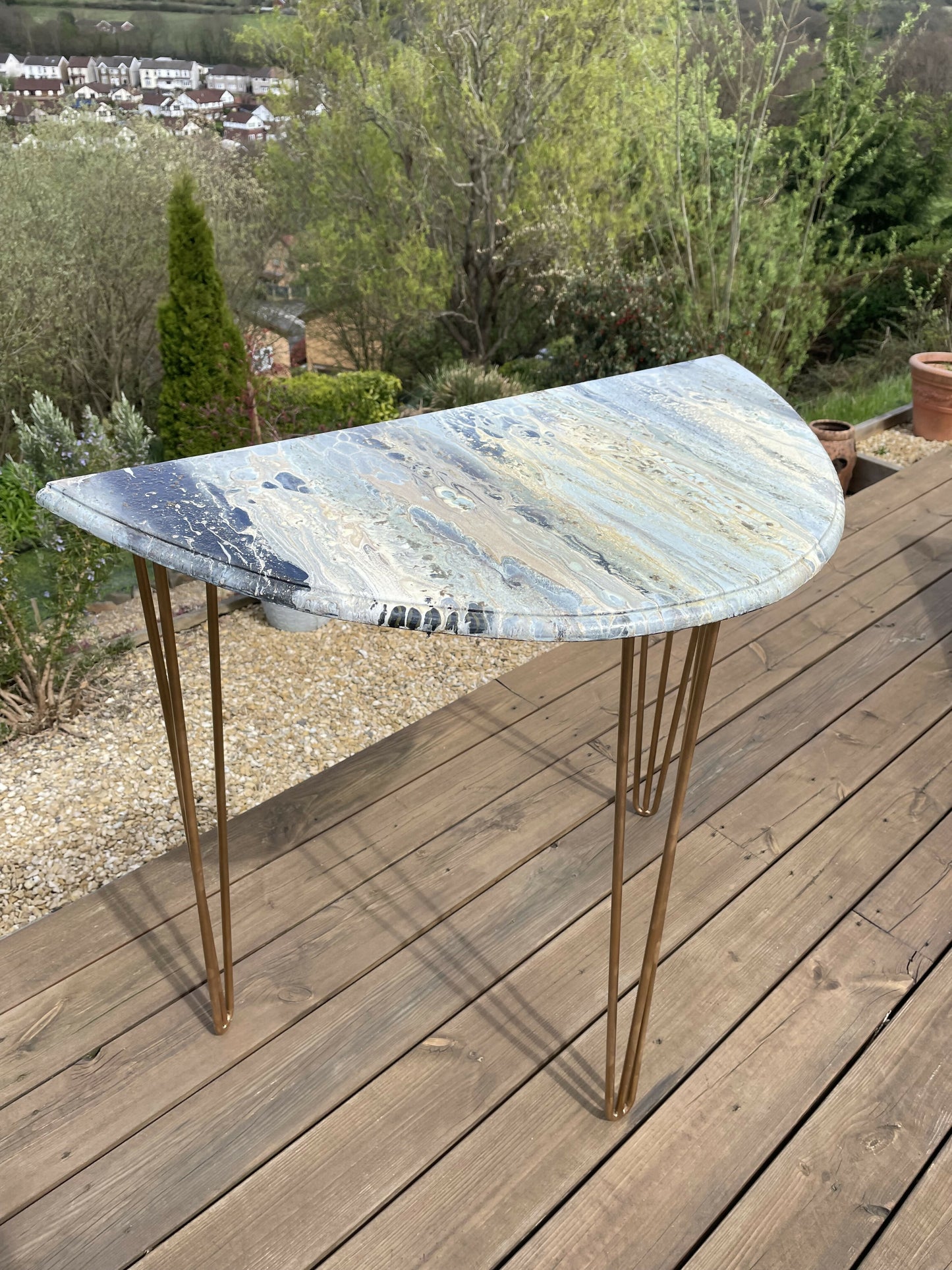 Console Half Circle Table with Hairpin Legs Paint Marble Effect