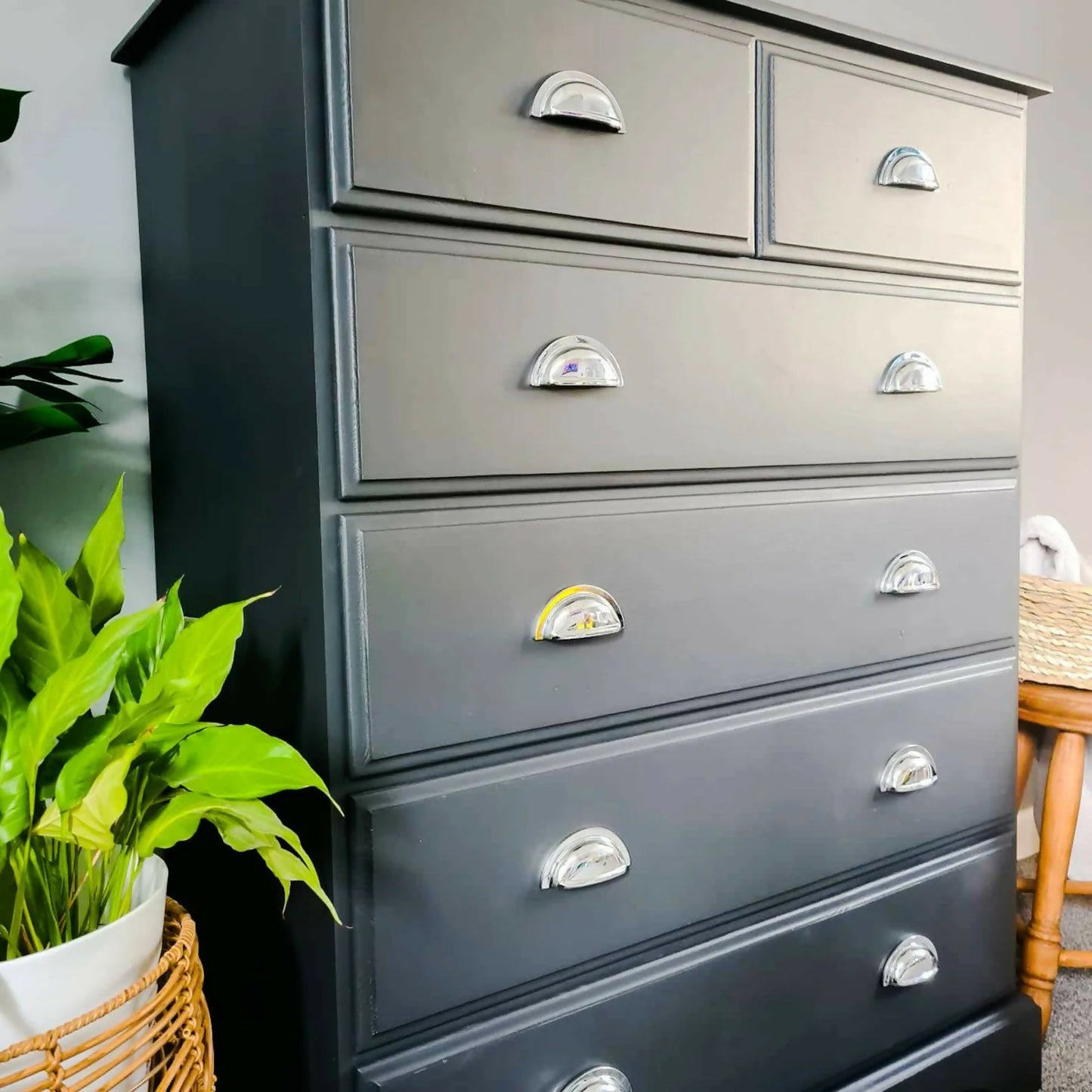 grey chest of drawers. Grey, bedroom furniture,tall boy