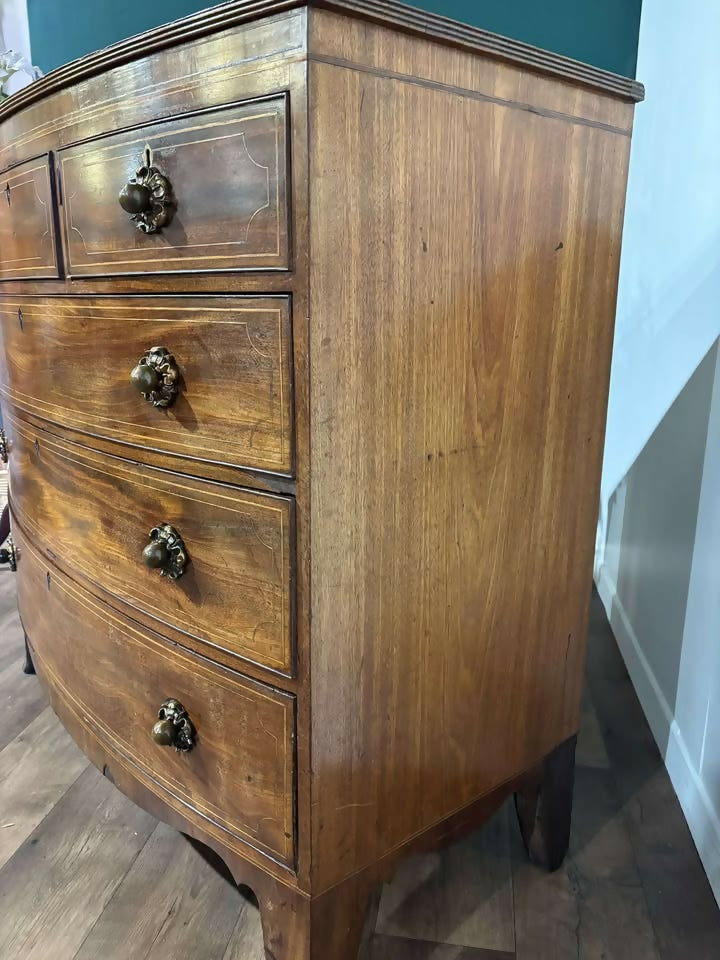 19th Century String Inlaid Bow Fronted Mahogany Chest Of Drawersn