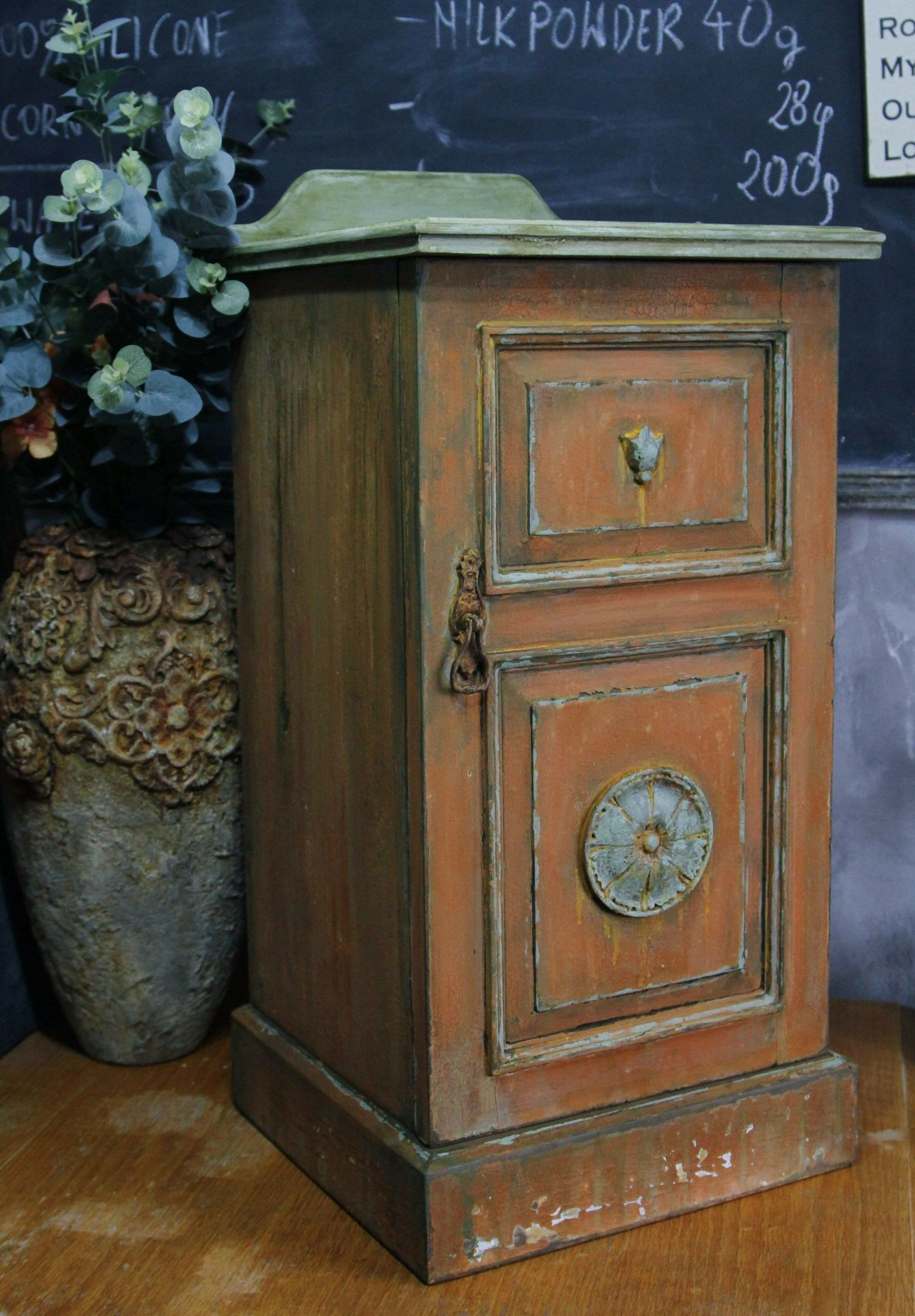 SOLD !!! Vintage Bedside Cabinet, Patina Bedside Cabinet, Orange Cabinet, Painted Bedside Table