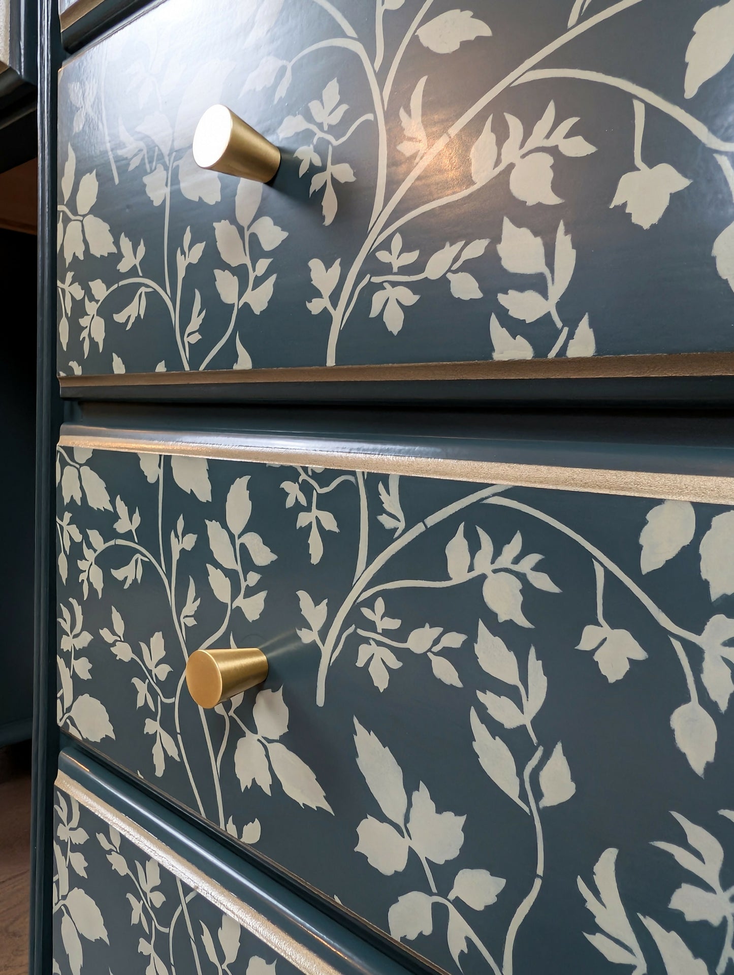 Hand Painted Upcycled Solid Pine Desk – Dark Green Botanical 9 Drawer Desk – Statement Workspace Furniture