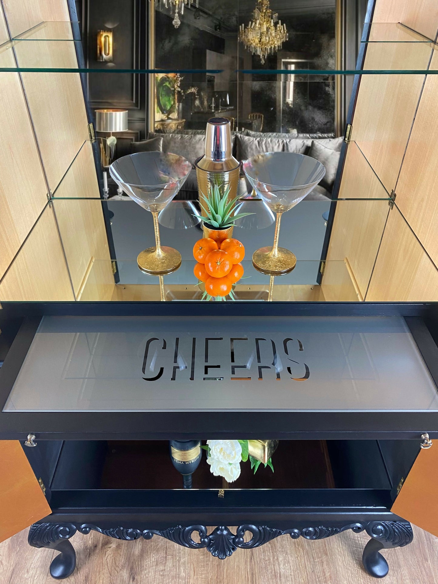 Art Deco Upcycled Queen Anne Cocktail Cabinet: Black Gin Bar Drinks Cabinet