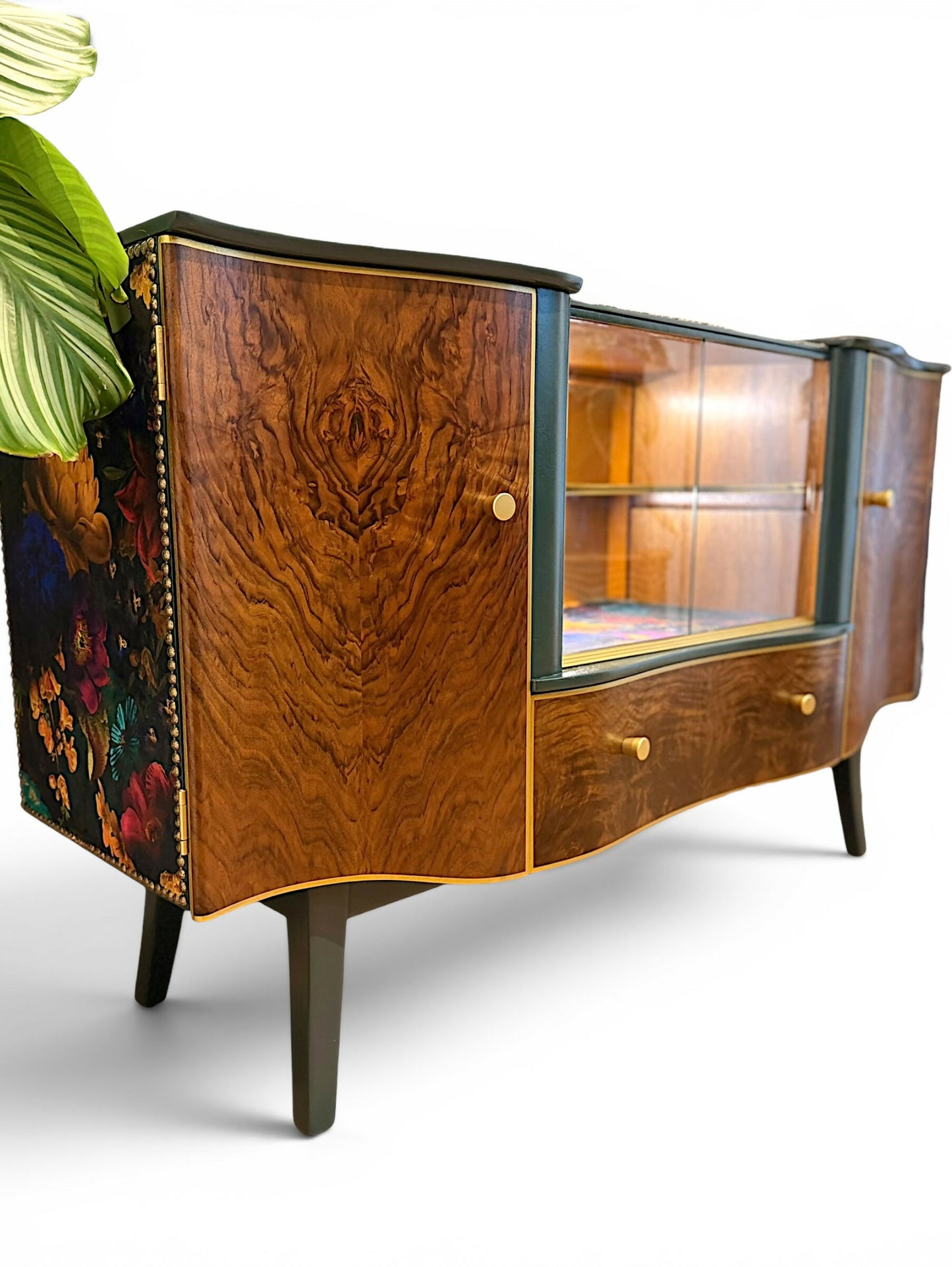 Luxury Art Deco Sideboard | Green Floral Solid Wood | Vintage Refurbished Bespoke Furniture