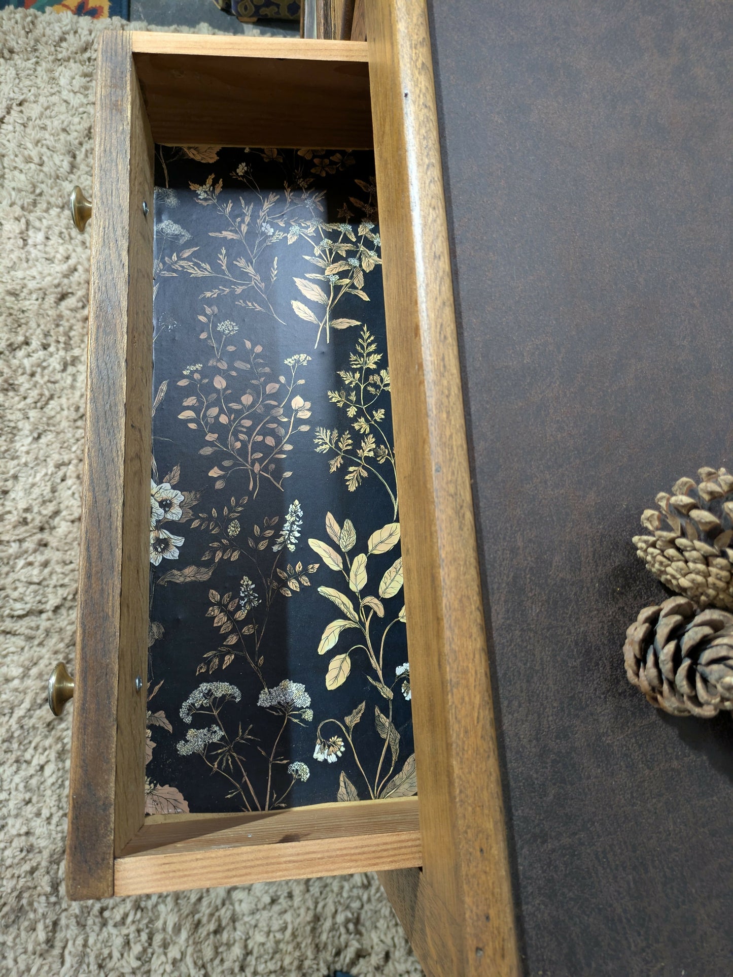 Hand-Painted Vintage Cupboard in Annie Sloan Black and Hornfleur | Decoupage Detail and Brass Hardware
