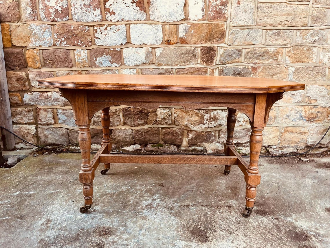 Antique Oak Occasional Table • Edwardian Tiger Oak Side Table on Castors • Octagonal Statement Table • Vintage Turned Leg Oak Table