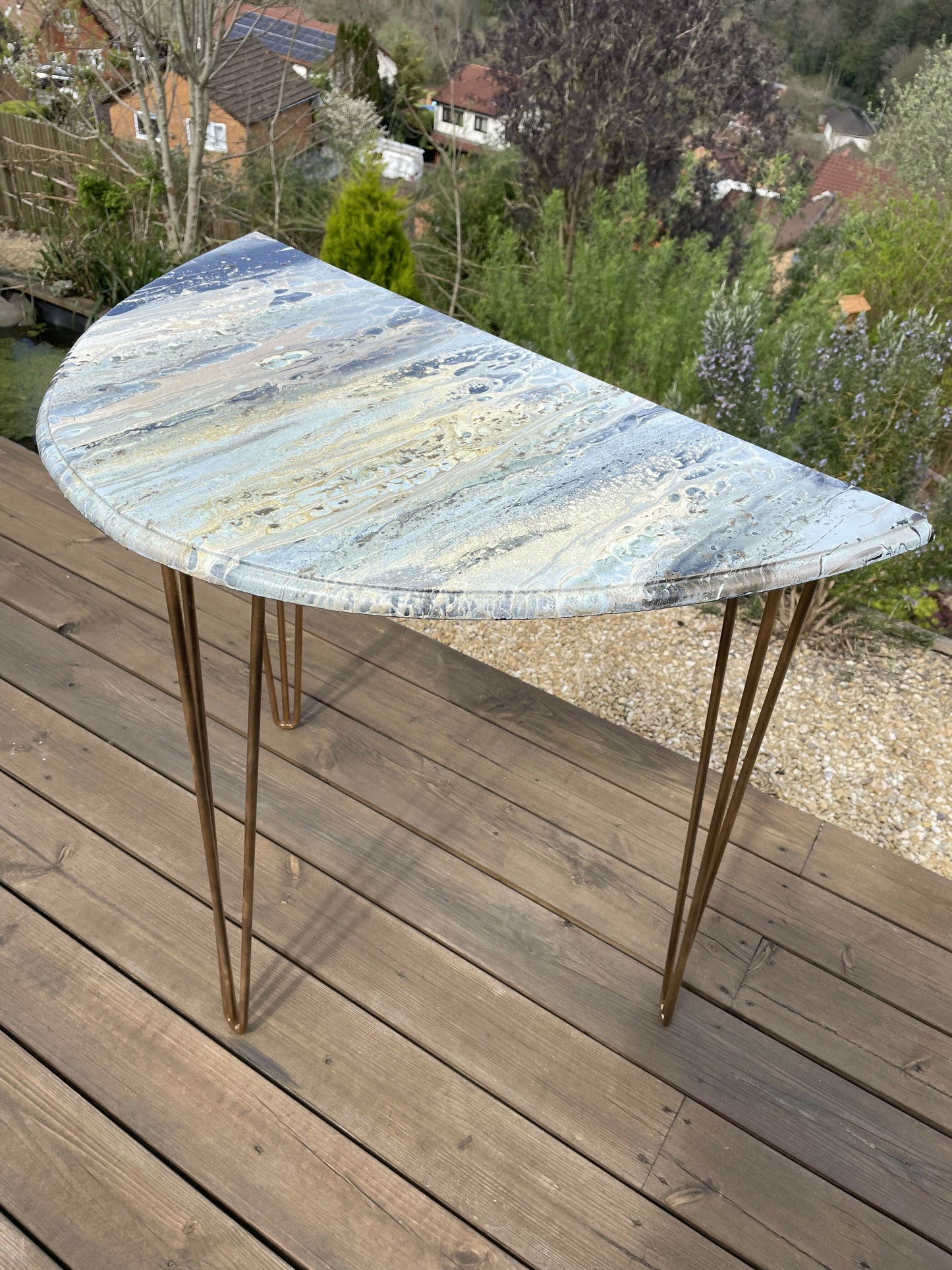Console Half Circle Table with Hairpin Legs Paint Marble Effect