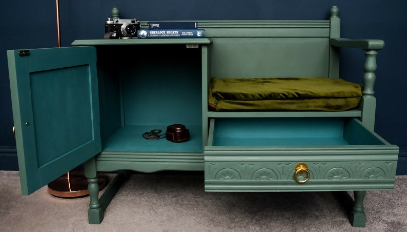 ****SOLD*****Solid Oak Gossip Bench - Green and Blue with cushion